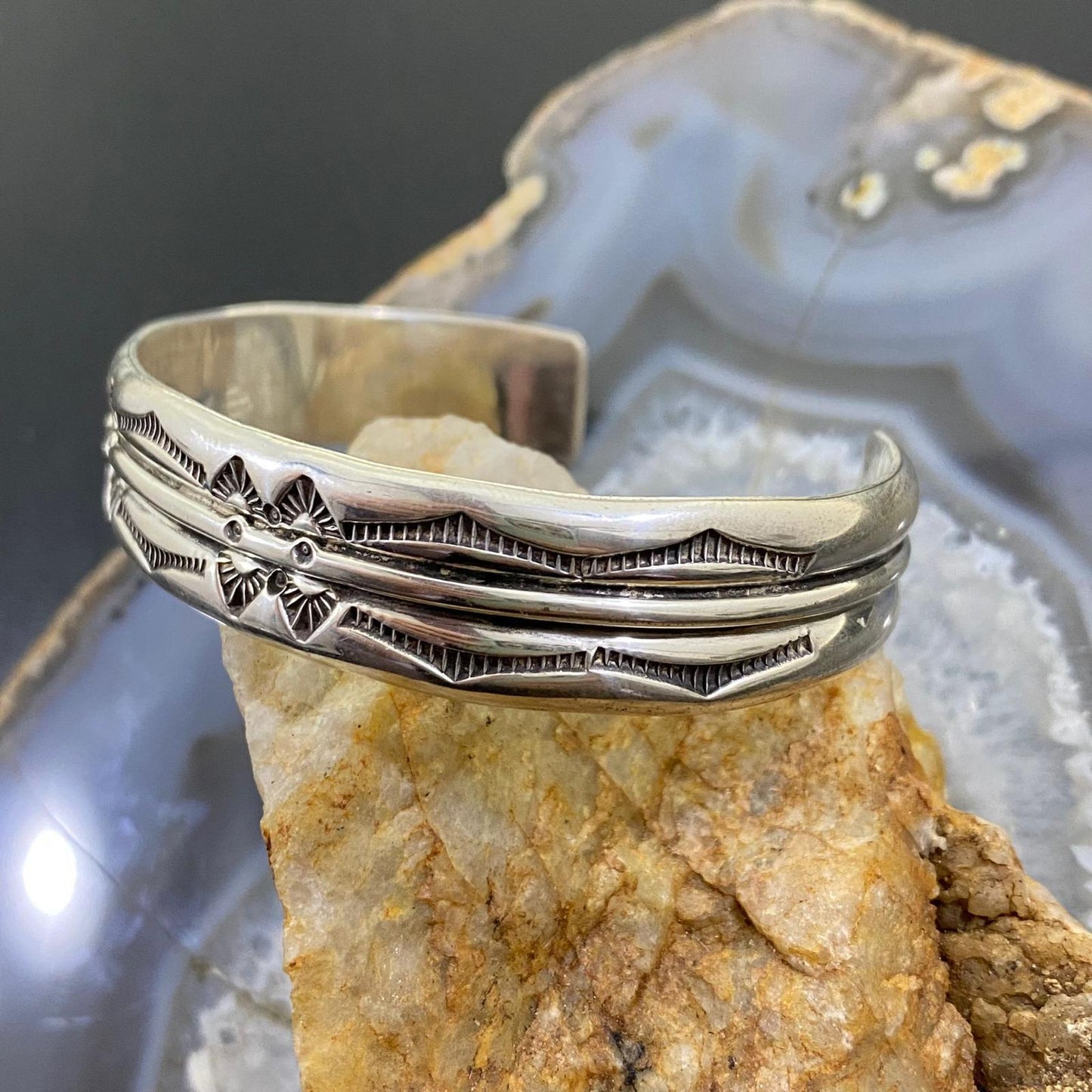 Vintage Native American Sterling Silver Stamped Stackable Bracelet For Men