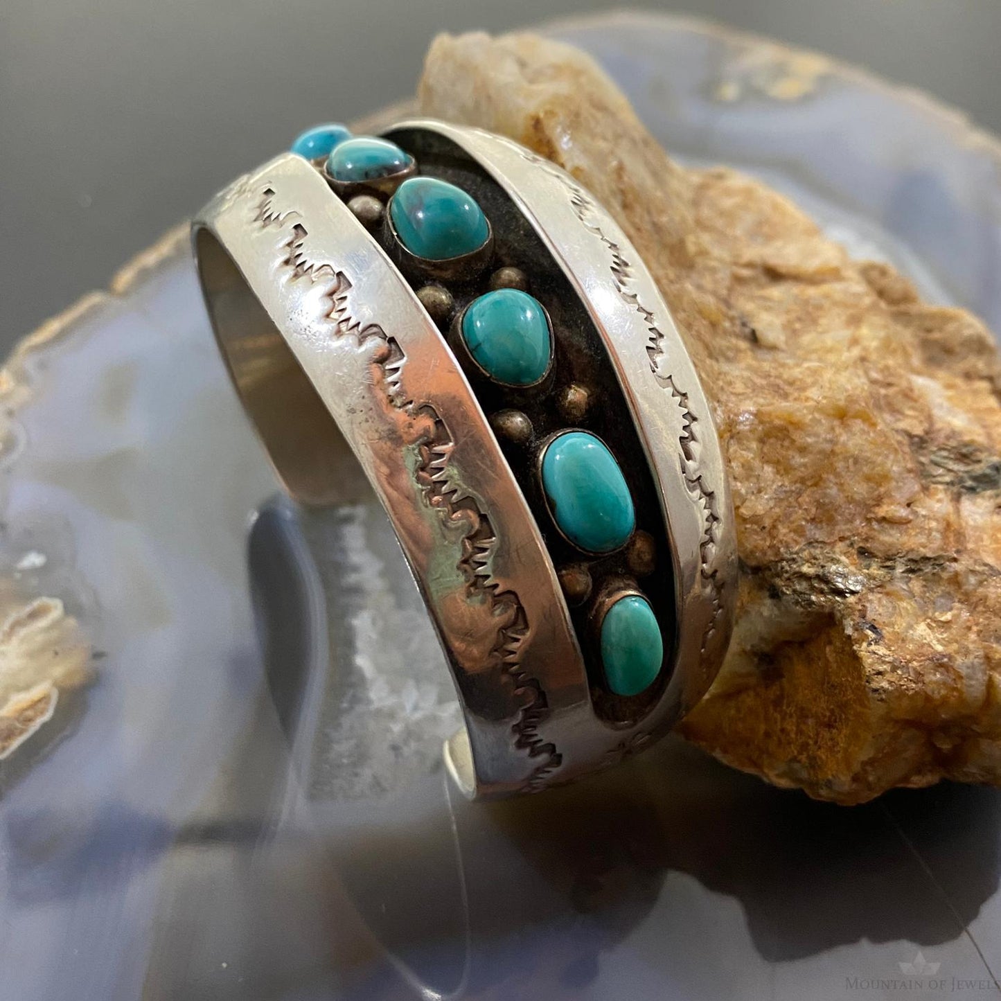 Vintage Native American Silver Shadow Box Turquoise Tapered Bracelet For Women
