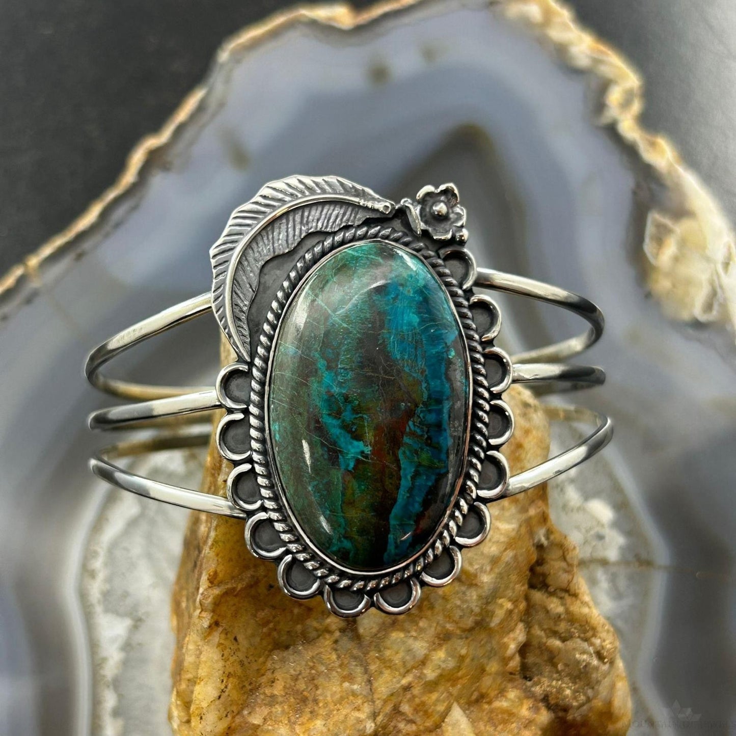 Sterling Silver Southwestern Style Large Oval Shattuckite Bracelet For Women #1