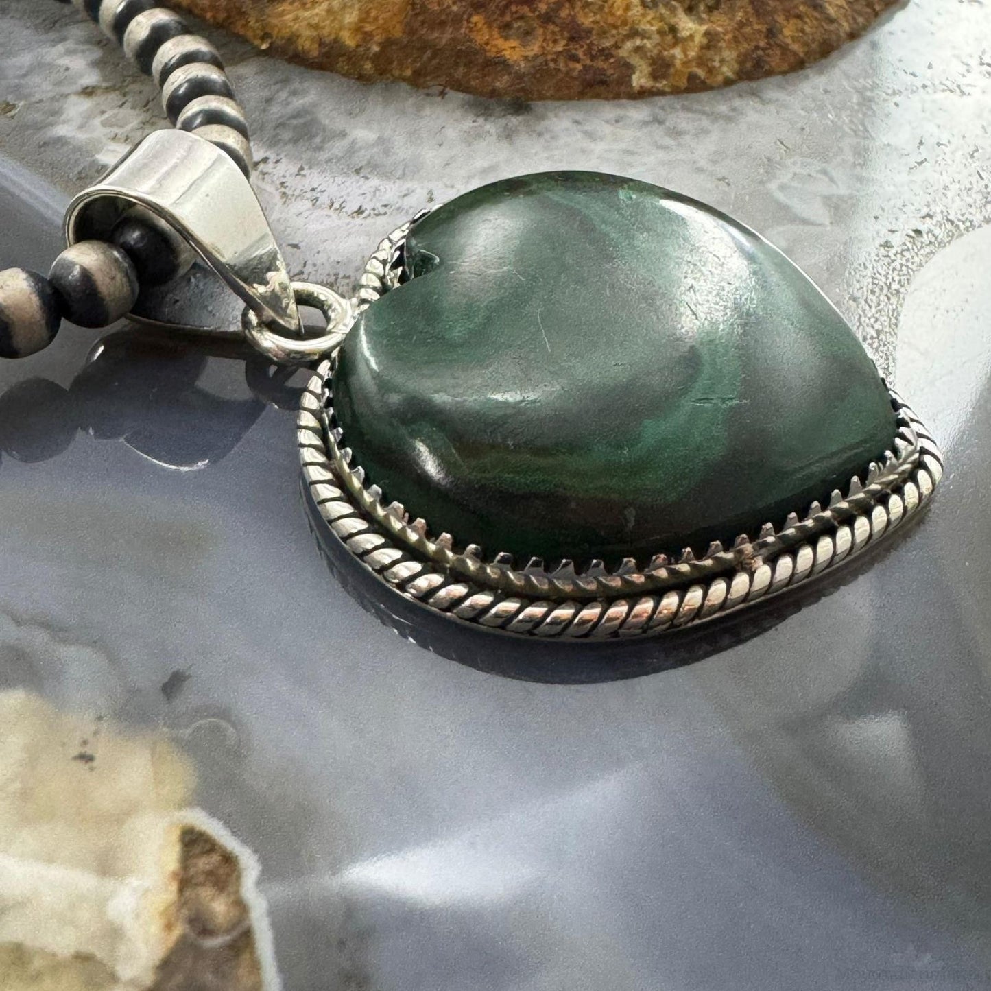 Sterling Silver Southwestern Style Malachite Heart Shape Pendant For Women