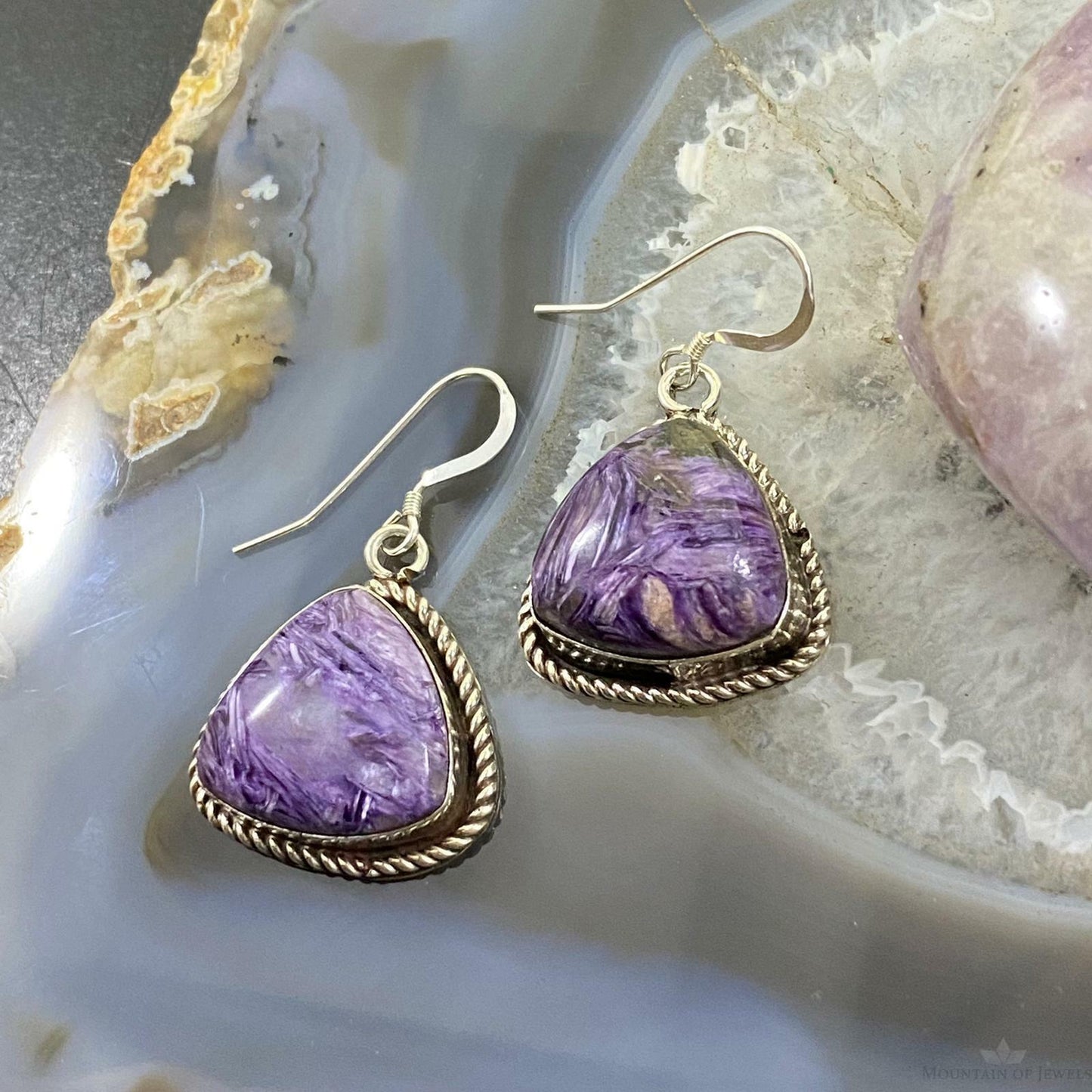 Native American Sterling Silver Triangle Charoite Dangle Earrings For Women