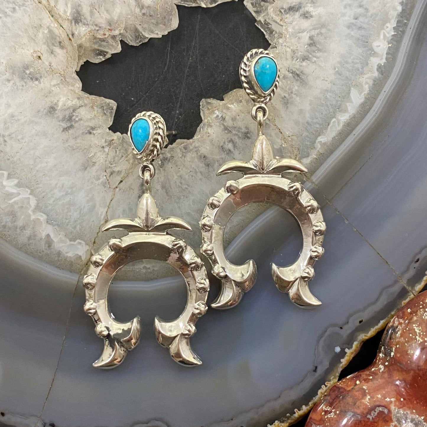 Native American Sterling Silver Turquoise Naja Drop Earrings For Women