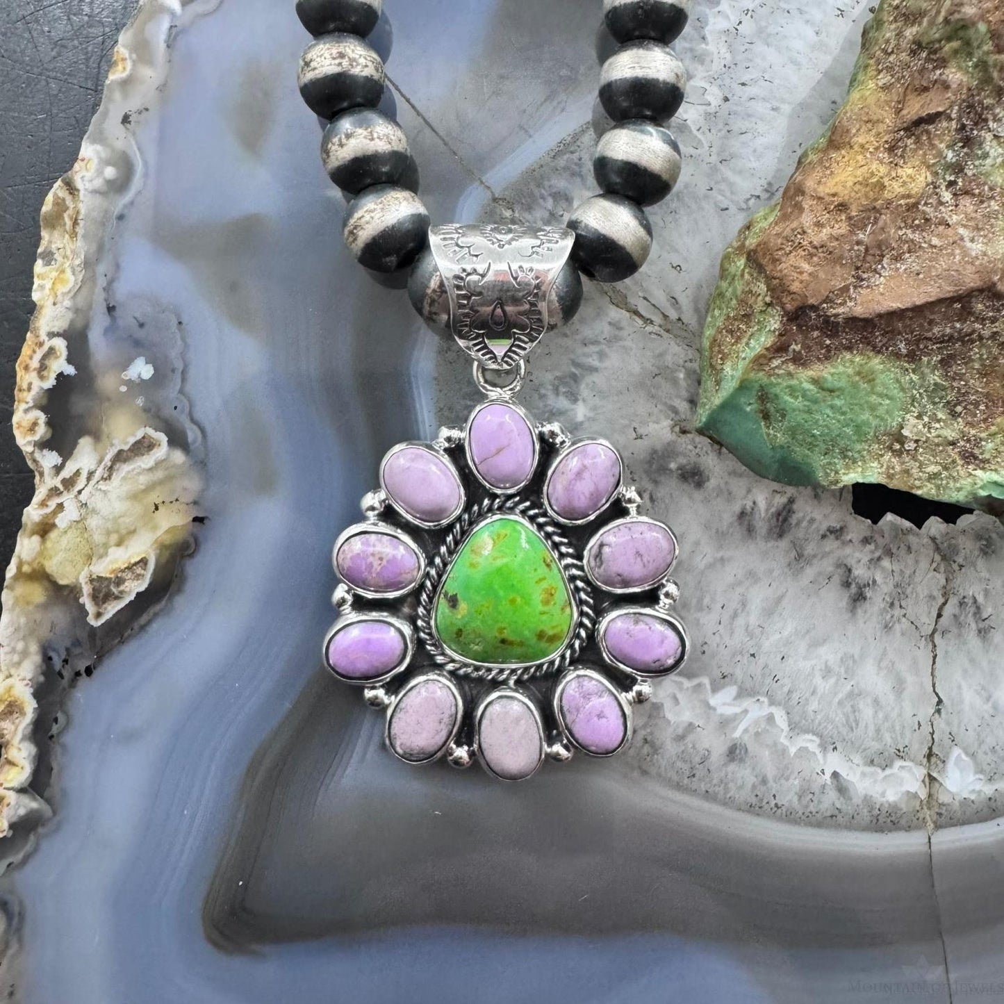 Native American Sterling Silver Green Turquoise w/Phosphosiderite Cluster Pendant For Women
