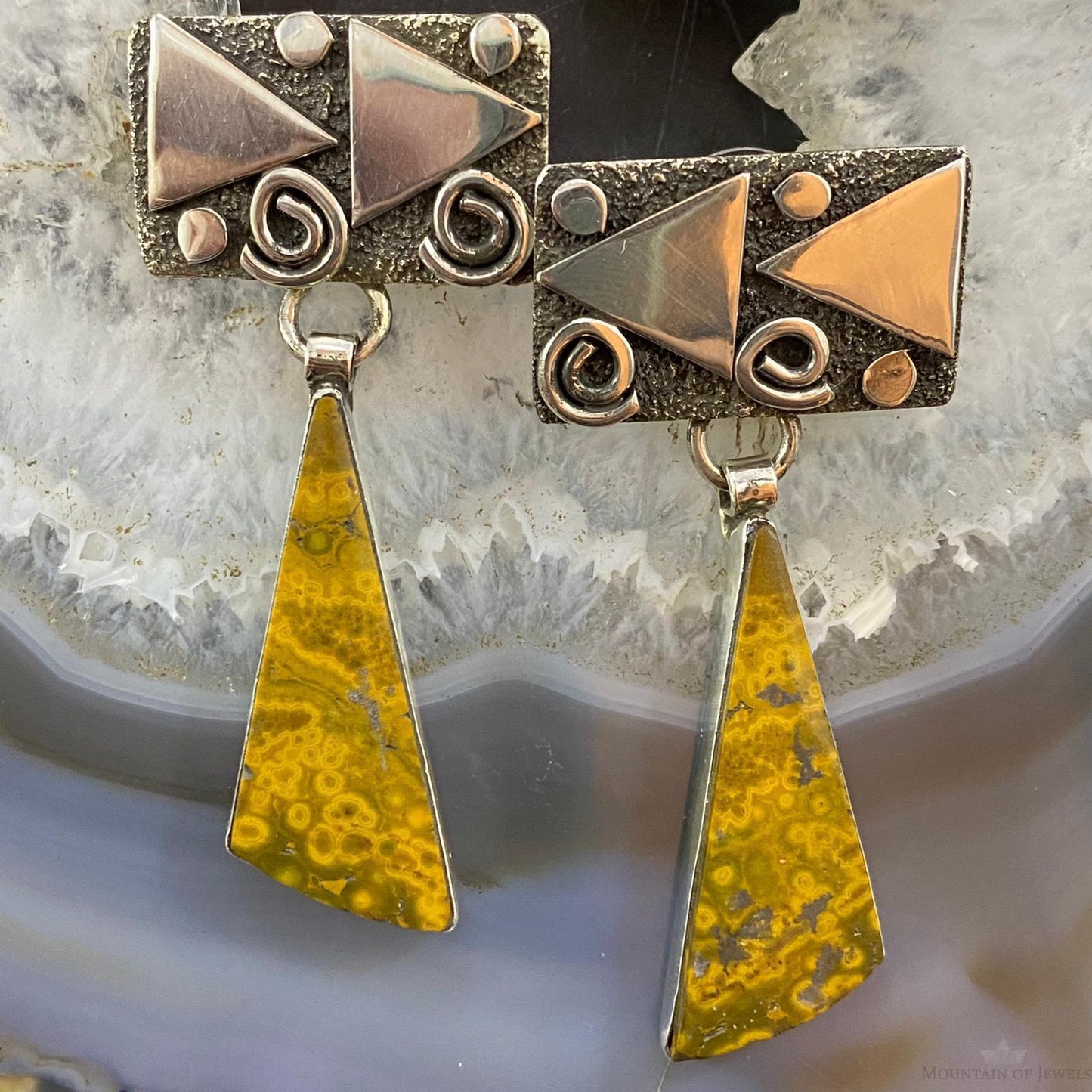 Alex Sanchez Native American Sterling Silver River Jasper Petroglyph Dangle Earrings For Women