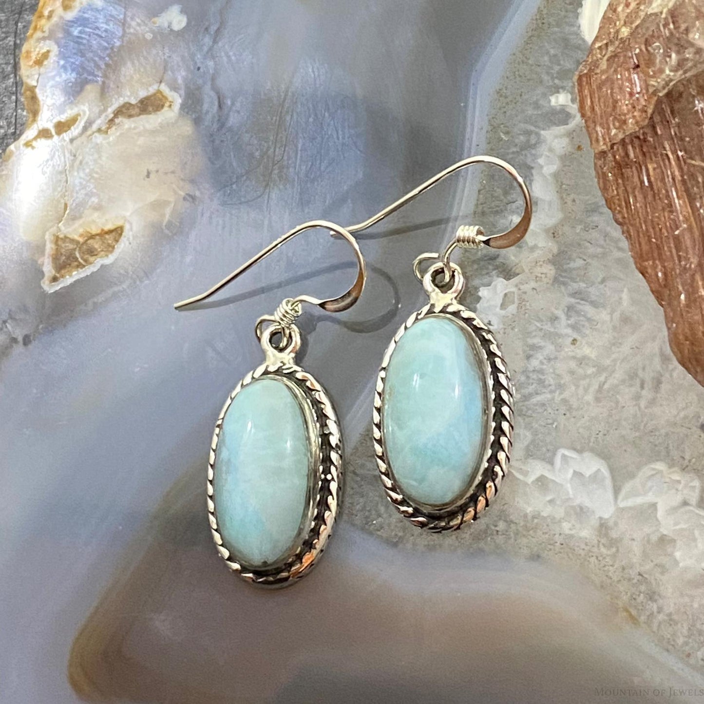 Native American Sterling Silver Oval Larimar Dangle Earrings For Women