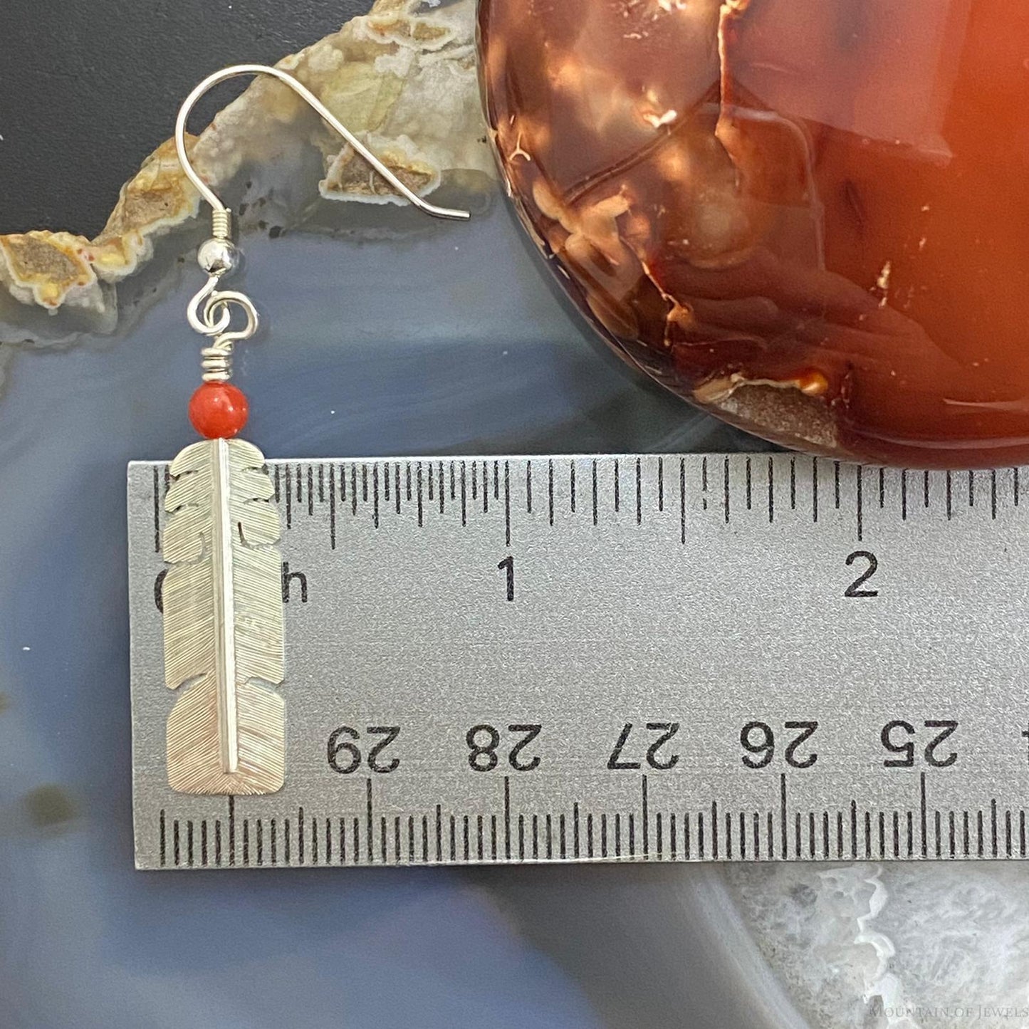 David Kuticka Native American Sterling Silver Feather w/Coral Dangle Earrings #2
