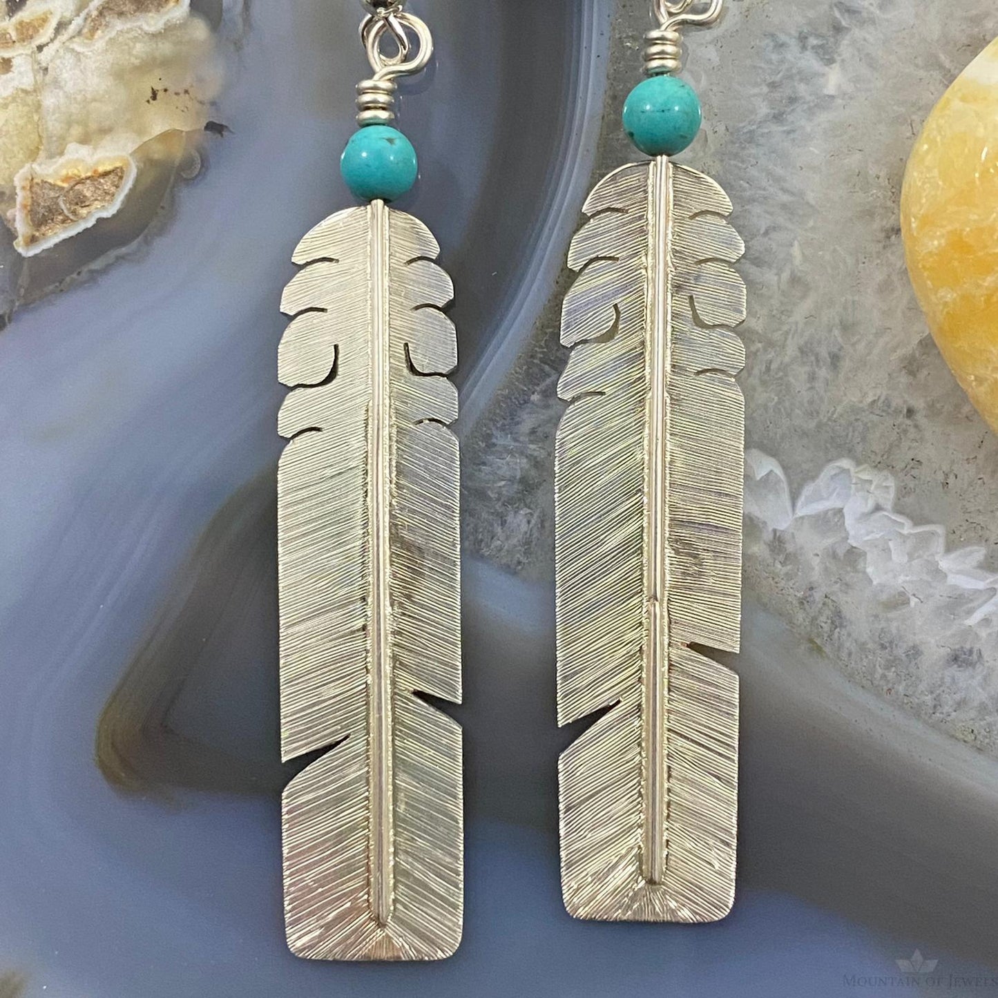 David Kuticka Native American Sterling Silver Feather w/Turq Dangle Earrings #1