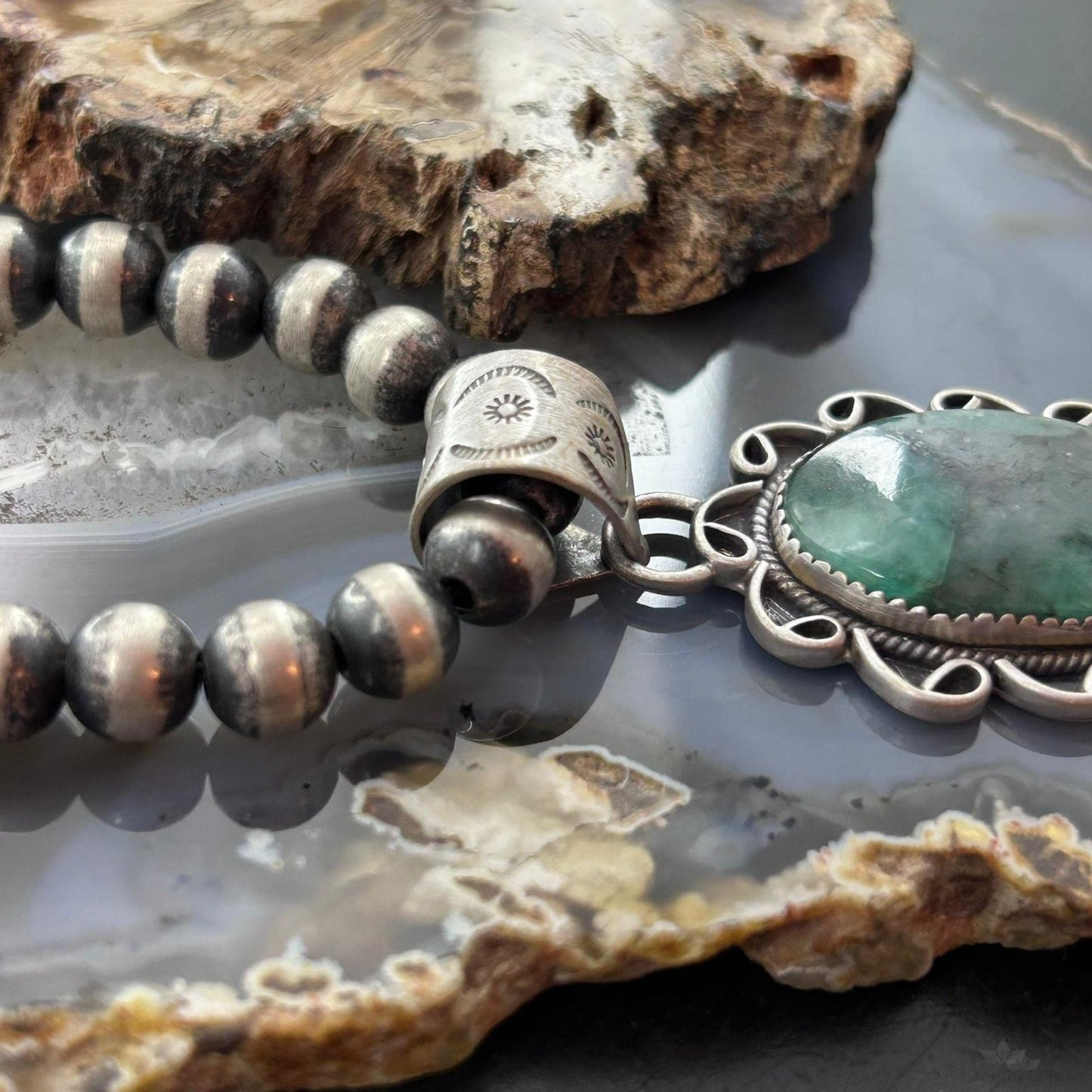 Sterling Silver Southwestern Style Oval Emerald Decorated Pendant For Women