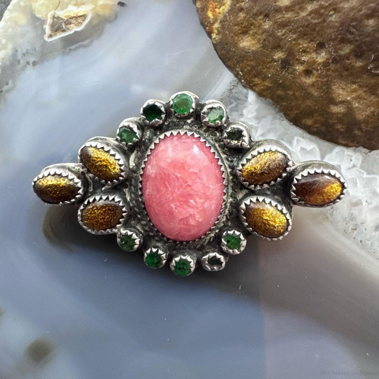 Ron Wesley Vintage Sterling Silver Southwestern Multi Gemstones Brooch For Women