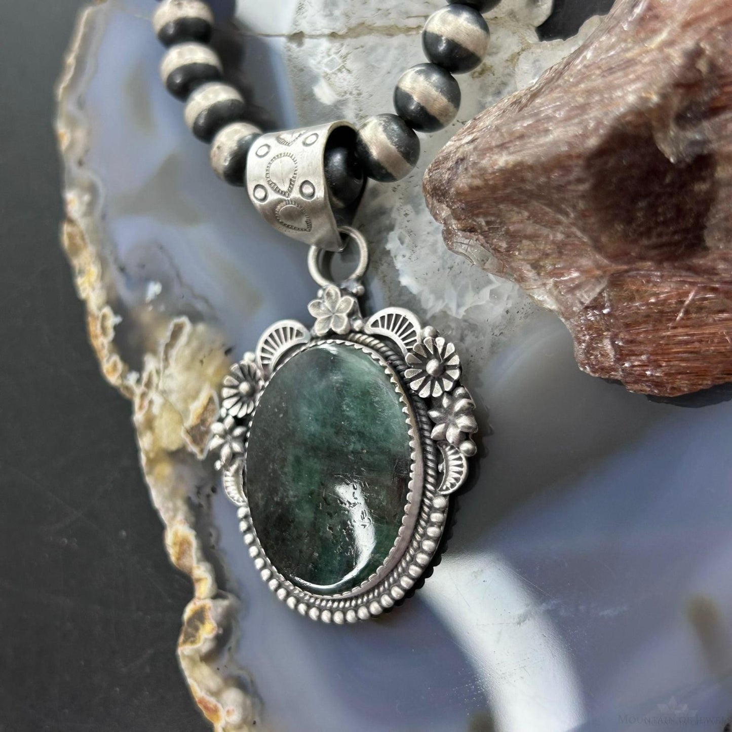 Sterling Silver Southwestern Style Oval Dark Emerald Decorated Pendant For Women