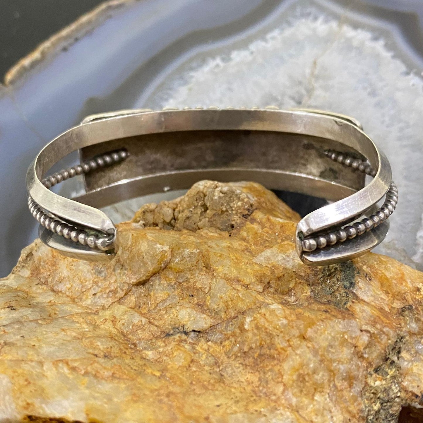 Vintage Native American Silver Turquoise Row Stamped Overlay Cuff For Women