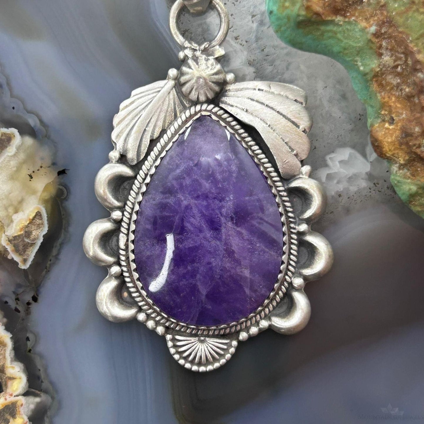 Sterling Silver Southwestern Style Teardrop Charoite Decorated Pendant For Women