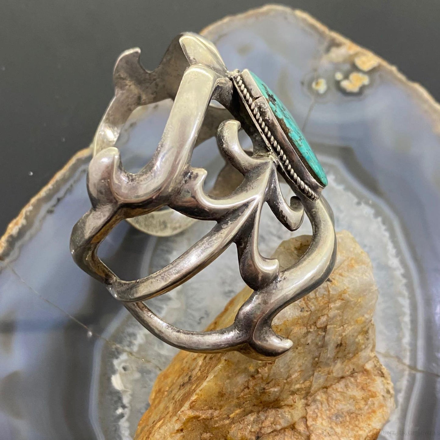 Vintage Native American Silver Sandcast Turquoise Wide Bracelet For Women