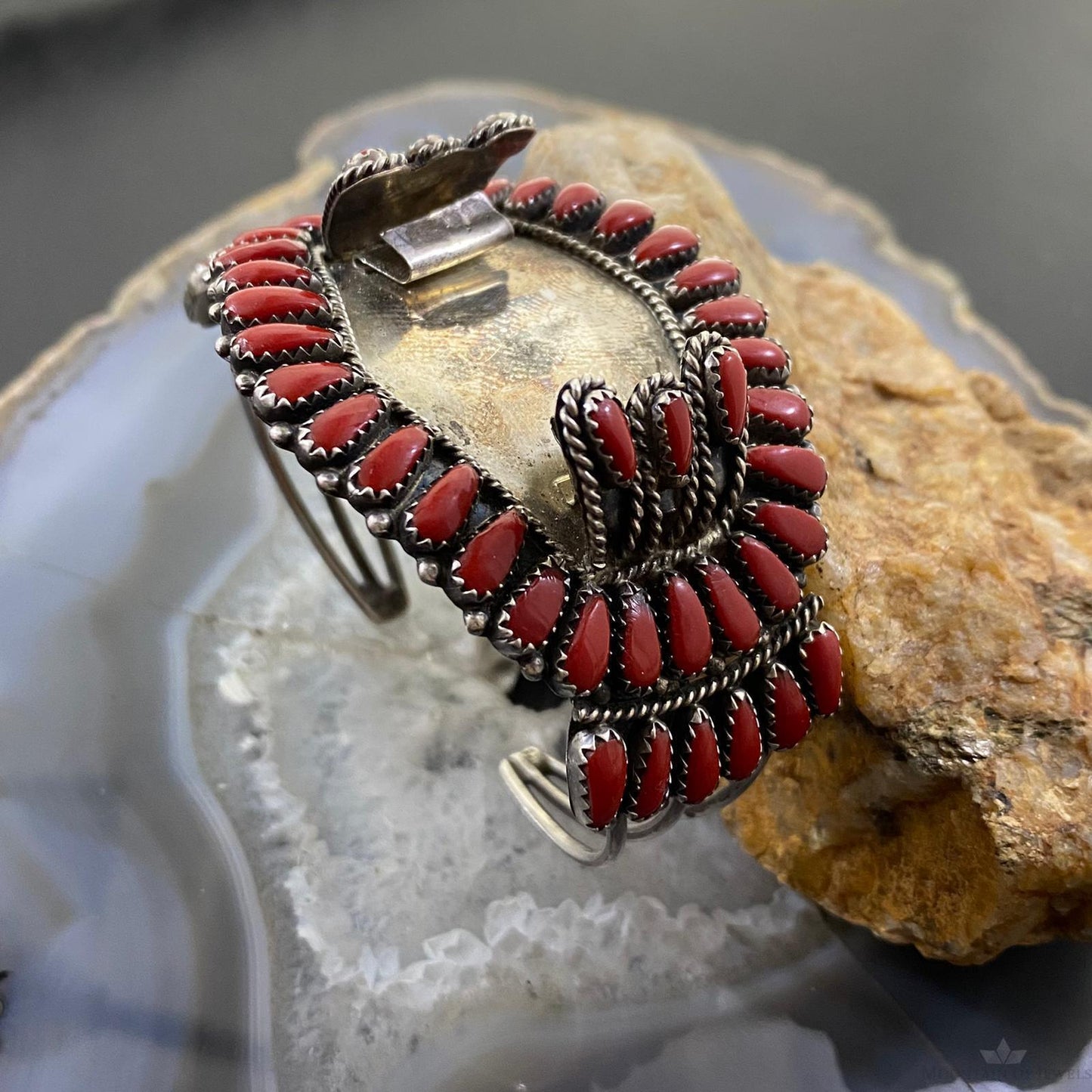 Vintage Signed Native American Sterling Silver Coral Watch Bracelet For Women
