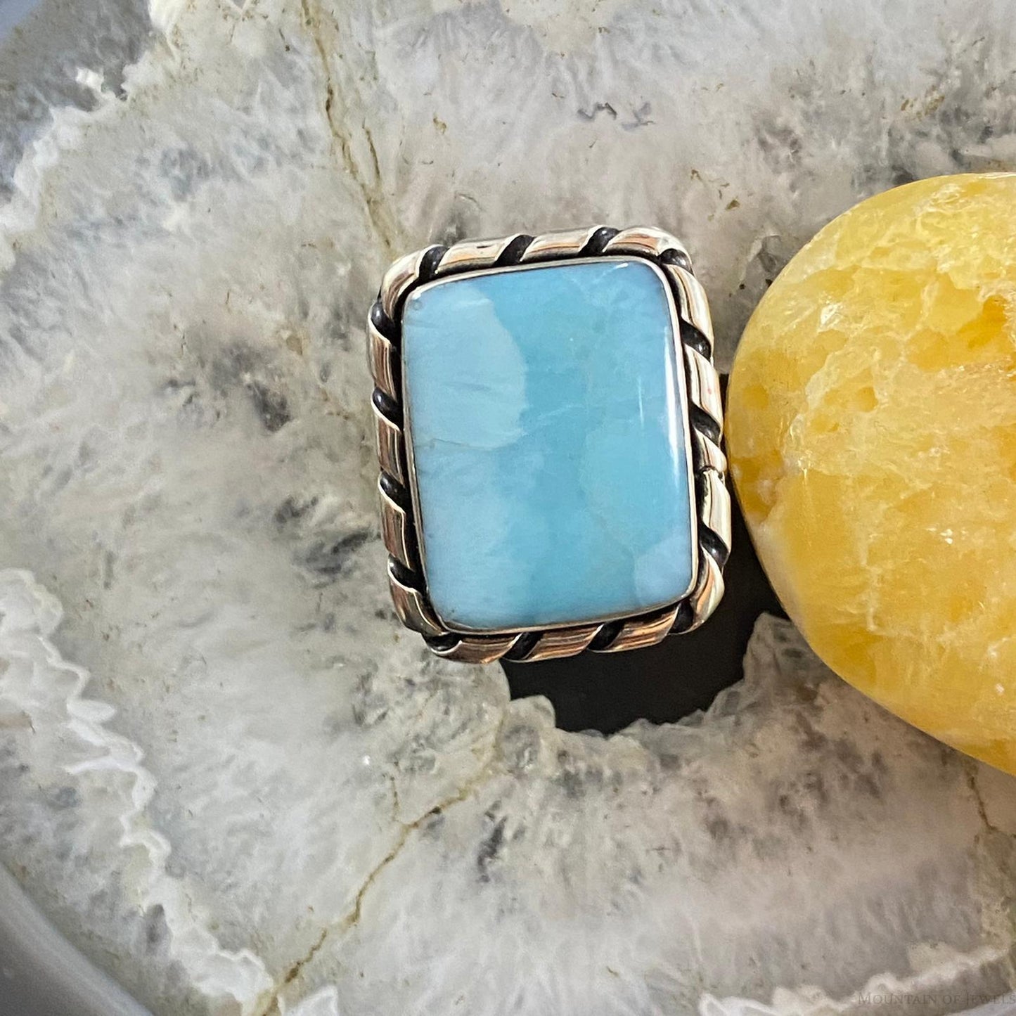 Native American Sterling Silver Larimar Rectangle Bar Ring Size 8.5 For Women