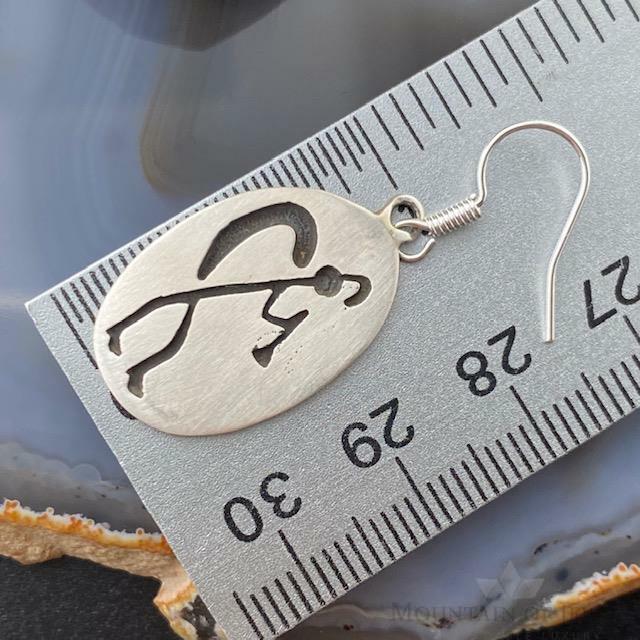 Native American Silver Oval Kokopelli Illustration Dangle Earrings