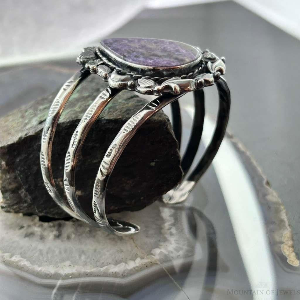Sterling Silver Southwestern Style Teardrop Charoite Decorated Bracelet For Women