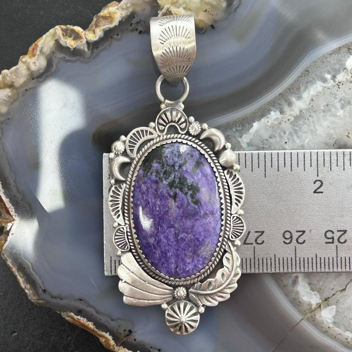 Sterling Silver Southwestern Style Oval Charoite Decorated Pendant For Women