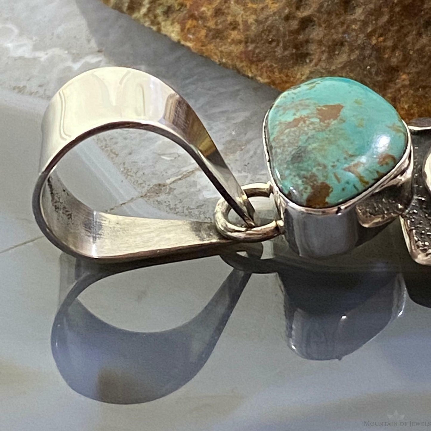 Alex Sanchez Sterling Silver Petroglyph & Turquoise Long Unisex Pendant
