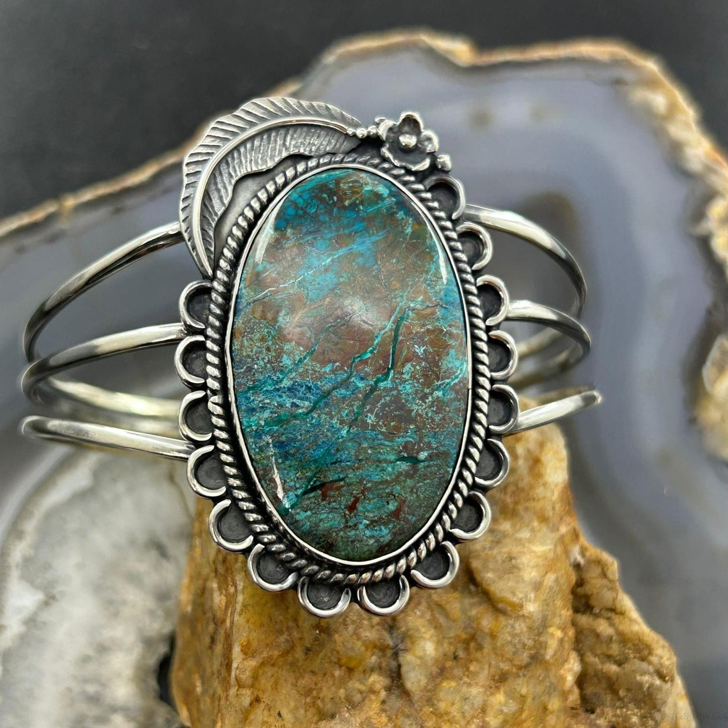 Sterling Silver Southwestern Style Large Oval Shattuckite Bracelet For Women
