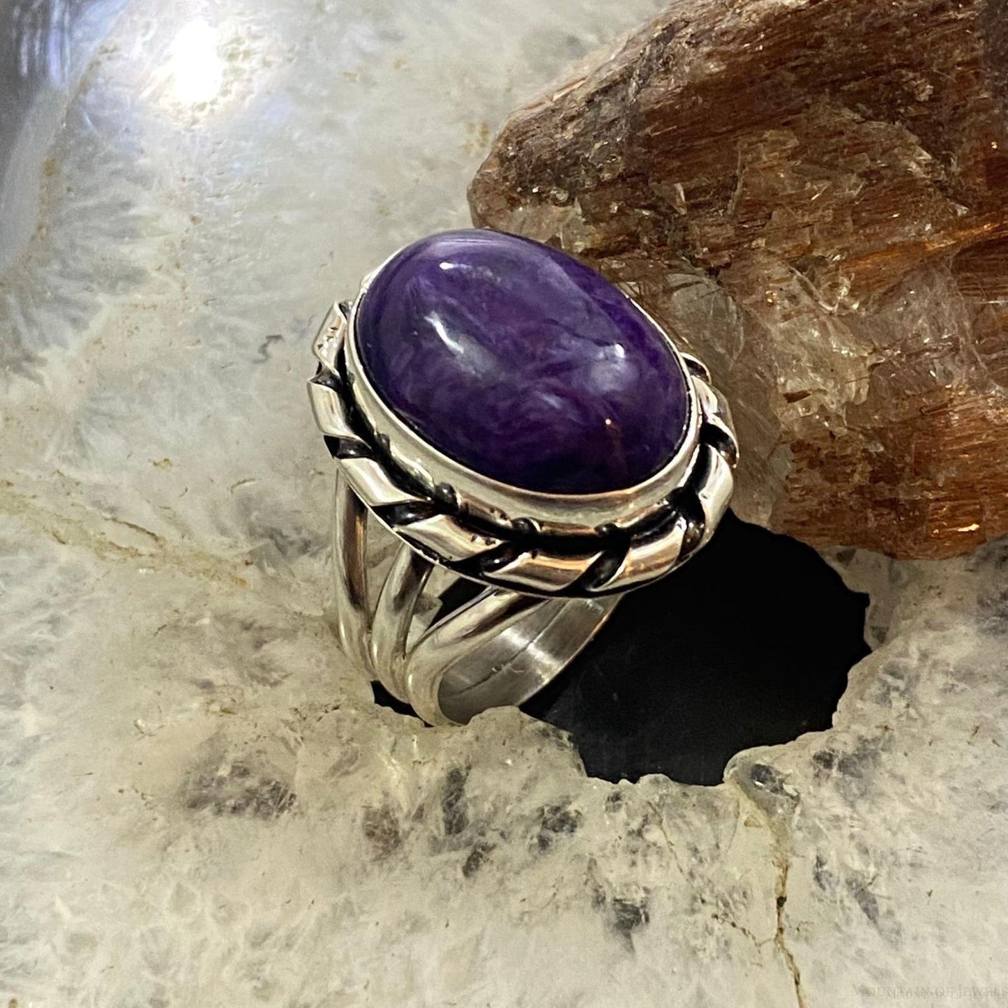 Native American Sterling Silver Oval Charoite Decorated Ring Size 8.5 For Women