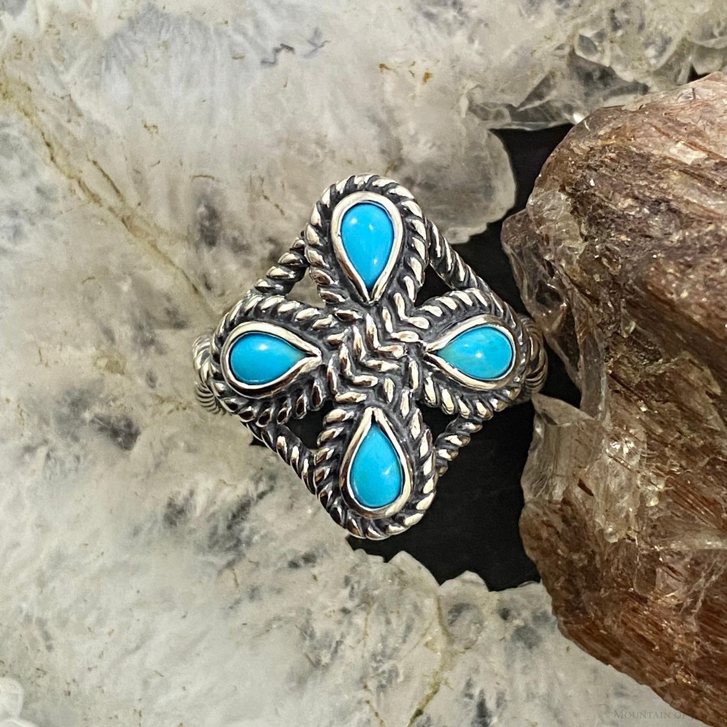 Carolyn Pollack Southwestern Style Sterling Silver 4 Sleeping Beauty Turquoise Decorated Cluster Ring For Women