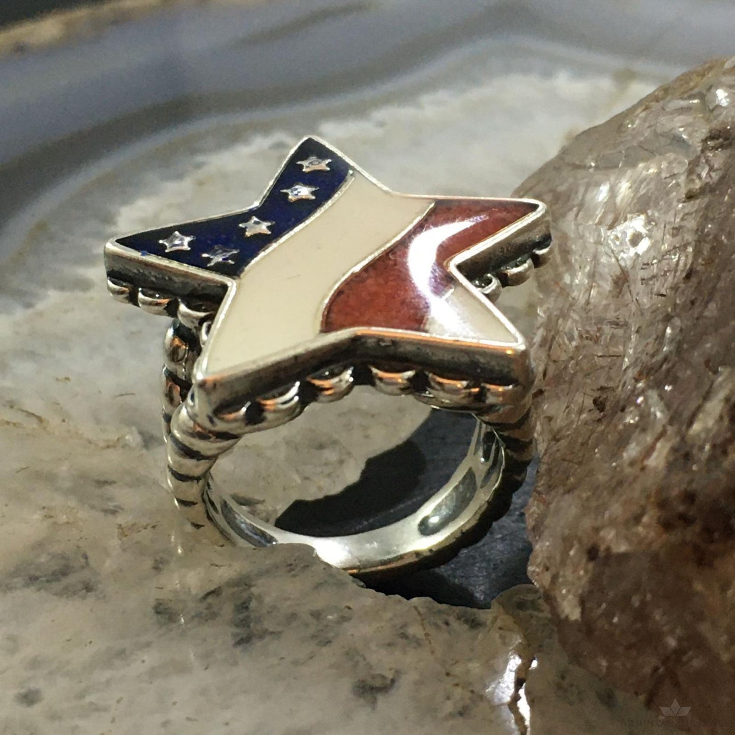 Carolyn Pollack Vintage Southwestern Style Sterling Silver Star Shape American Flag Ring For Women