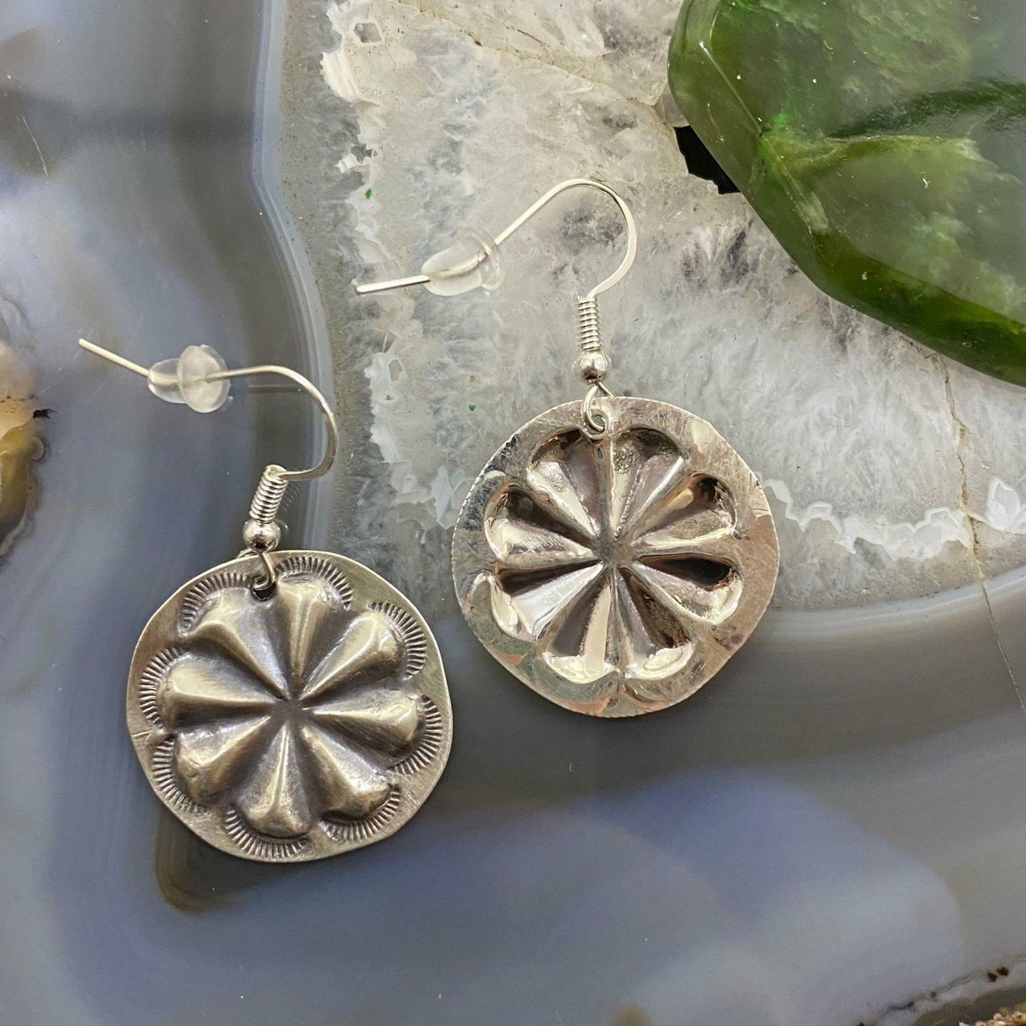Sterling Silver Floral Repousse Dangle Earrings For Women