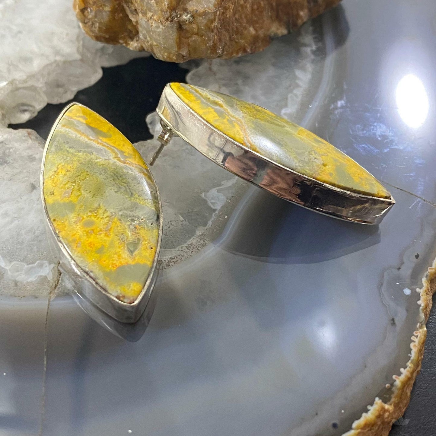 Native American Sterling Silver Marquise Bumblebee Jasper Post Earrings