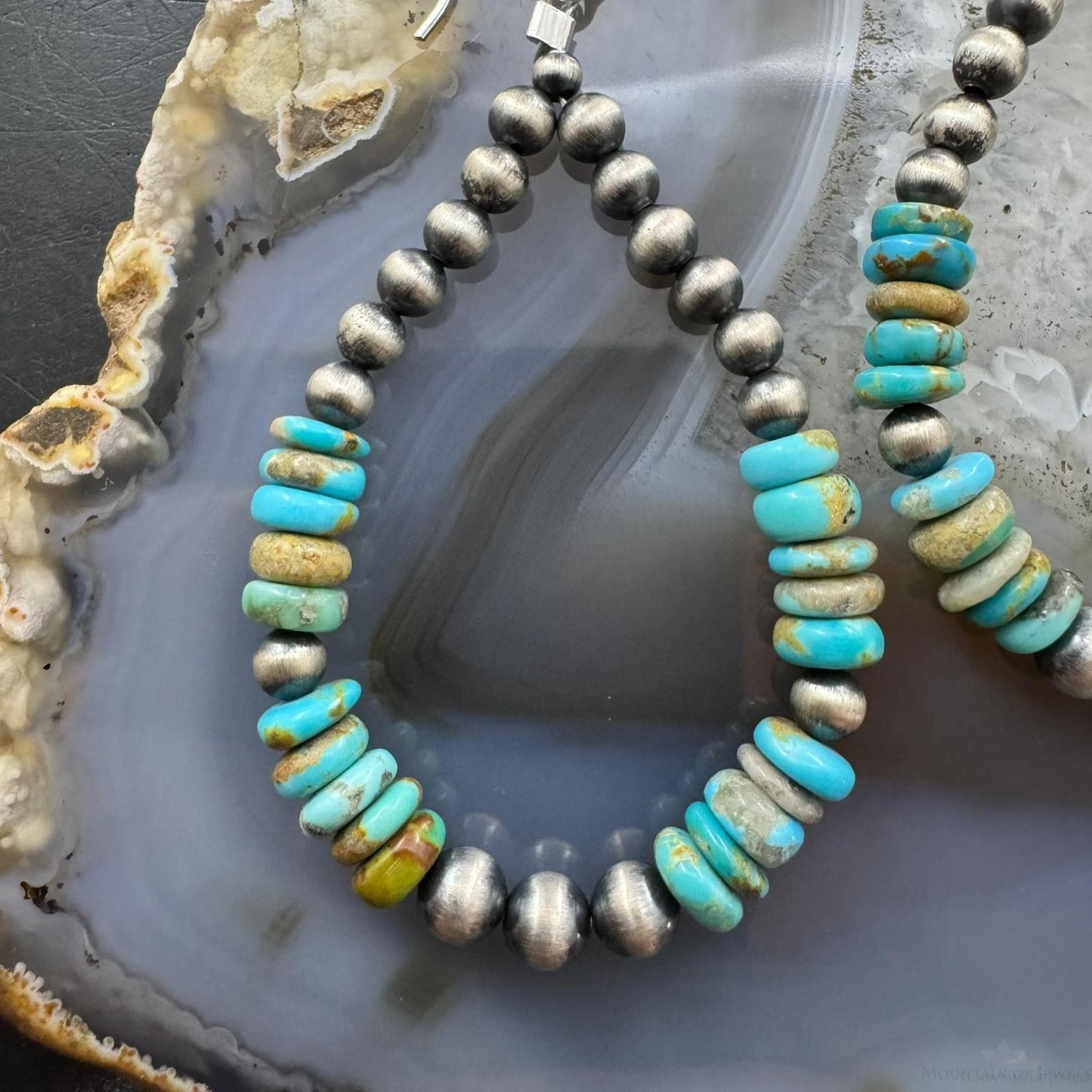 Sterling Silver 4mm Navajo Pearl Southwester Style & 6mm Turquoise Bead Hoop Earrings For Women