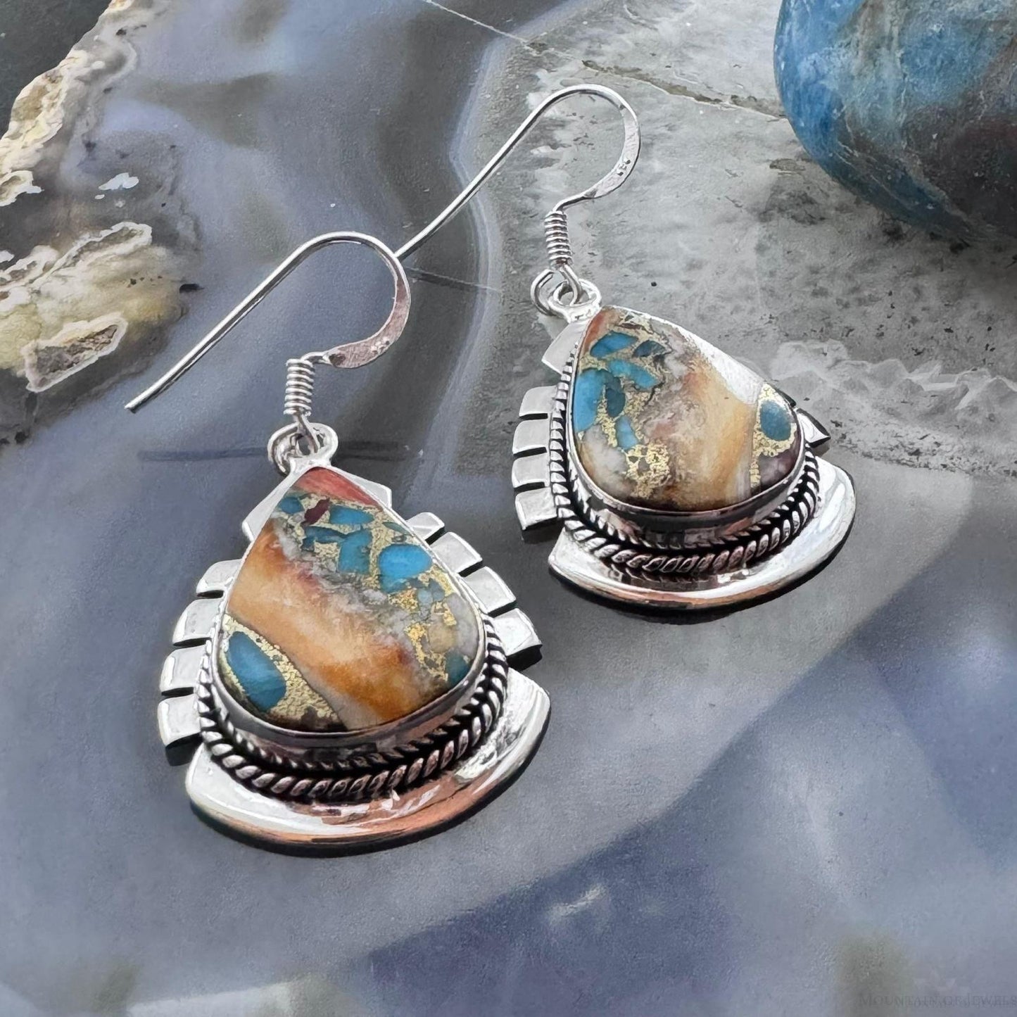 Sterling Silver Southwestern Style Teardrop Spiny & Turquoise Dangle Earrings For Women