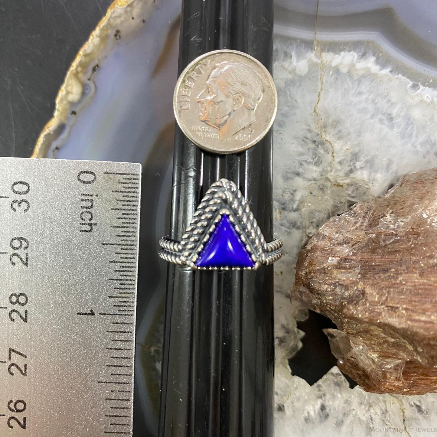 Carolyn Pollack Southwestern Style Sterling Silver Triangle Lapis Lazuli Decorated Ring For Women