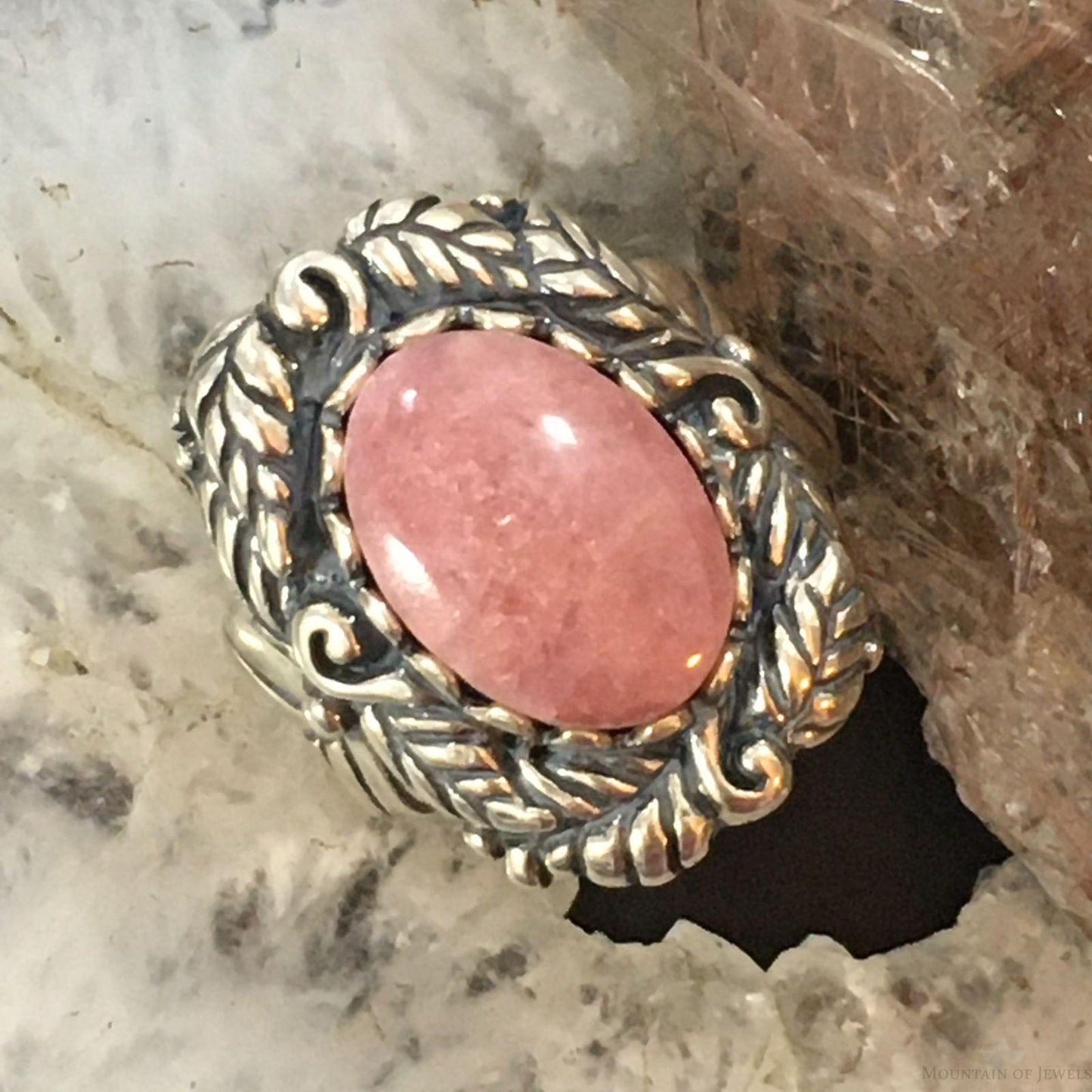 Carolyn Pollack Vintage Sterling Silver Oval Rhodonite Decorated Ring For Women