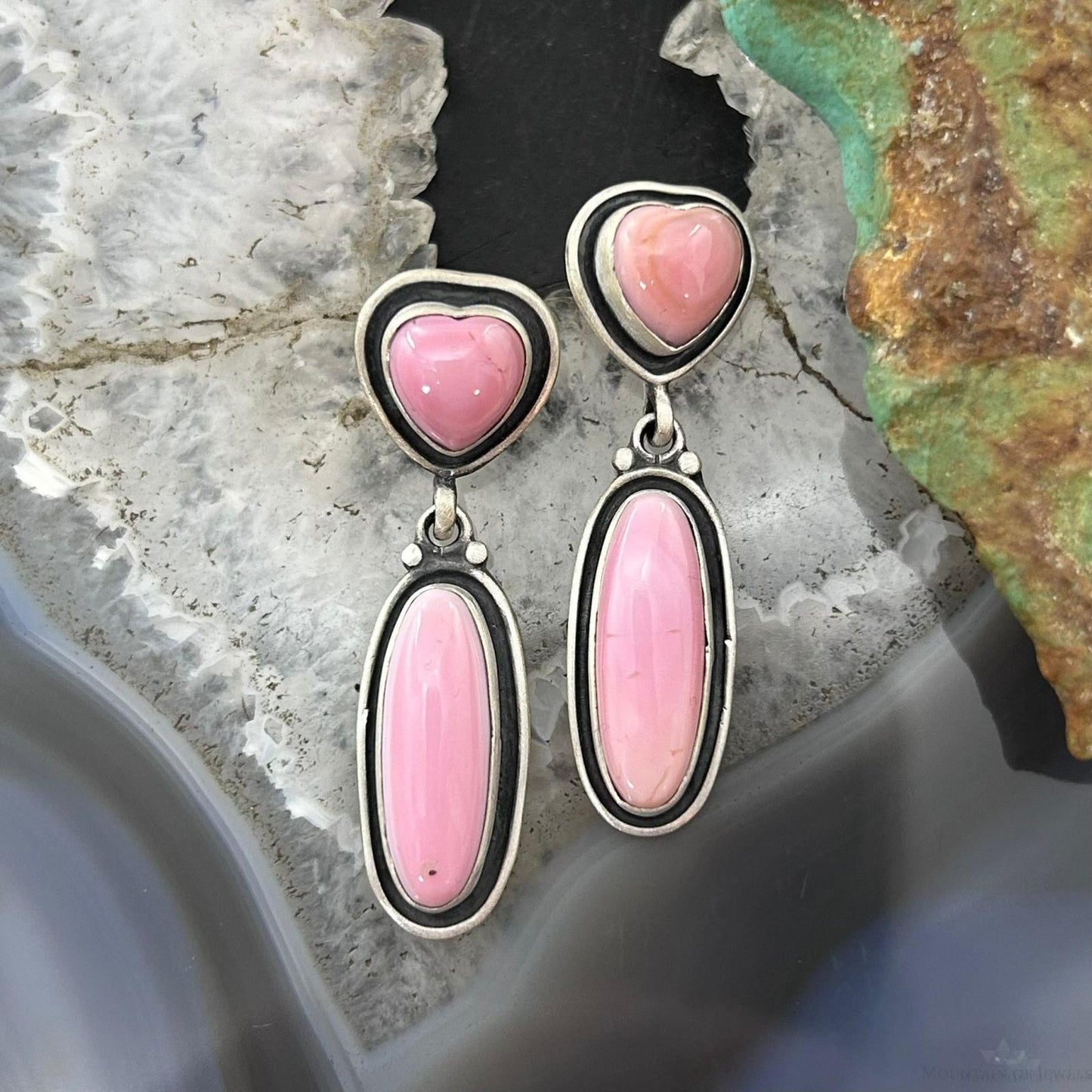 Native American Sterling Silver Pink Conch Heart & Oval Dangle Earrings For Women