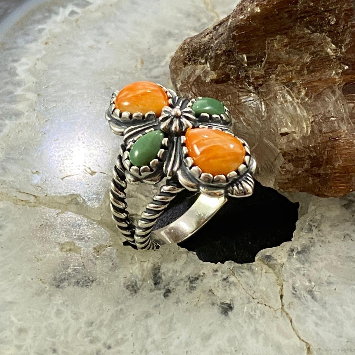 Carolyn Pollack Southwestern Style Sterling Silver Orange Spiny Oyster & Gaspeite Cross Ring For Women