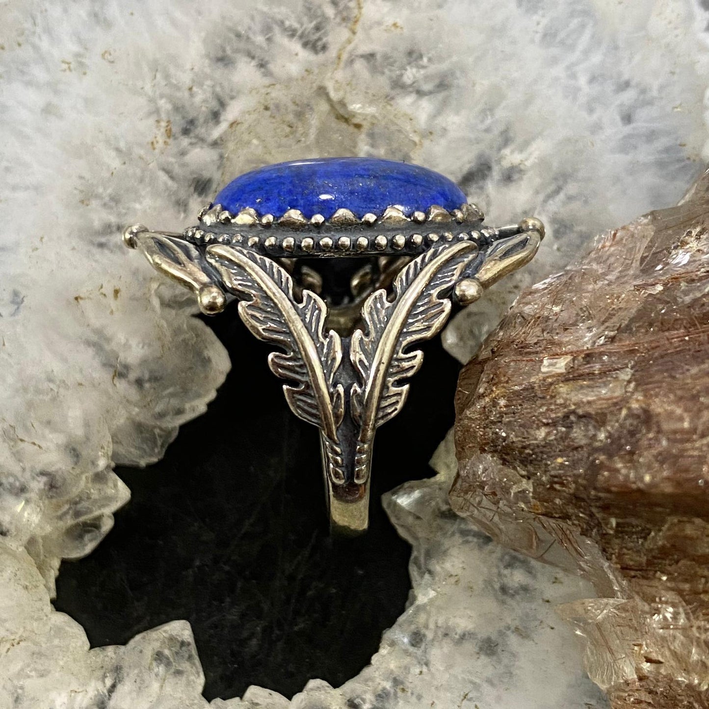 Carolyn Pollack Southwestern Style Sterling Silver Oval Denim Lapis Decorated Ring For Women