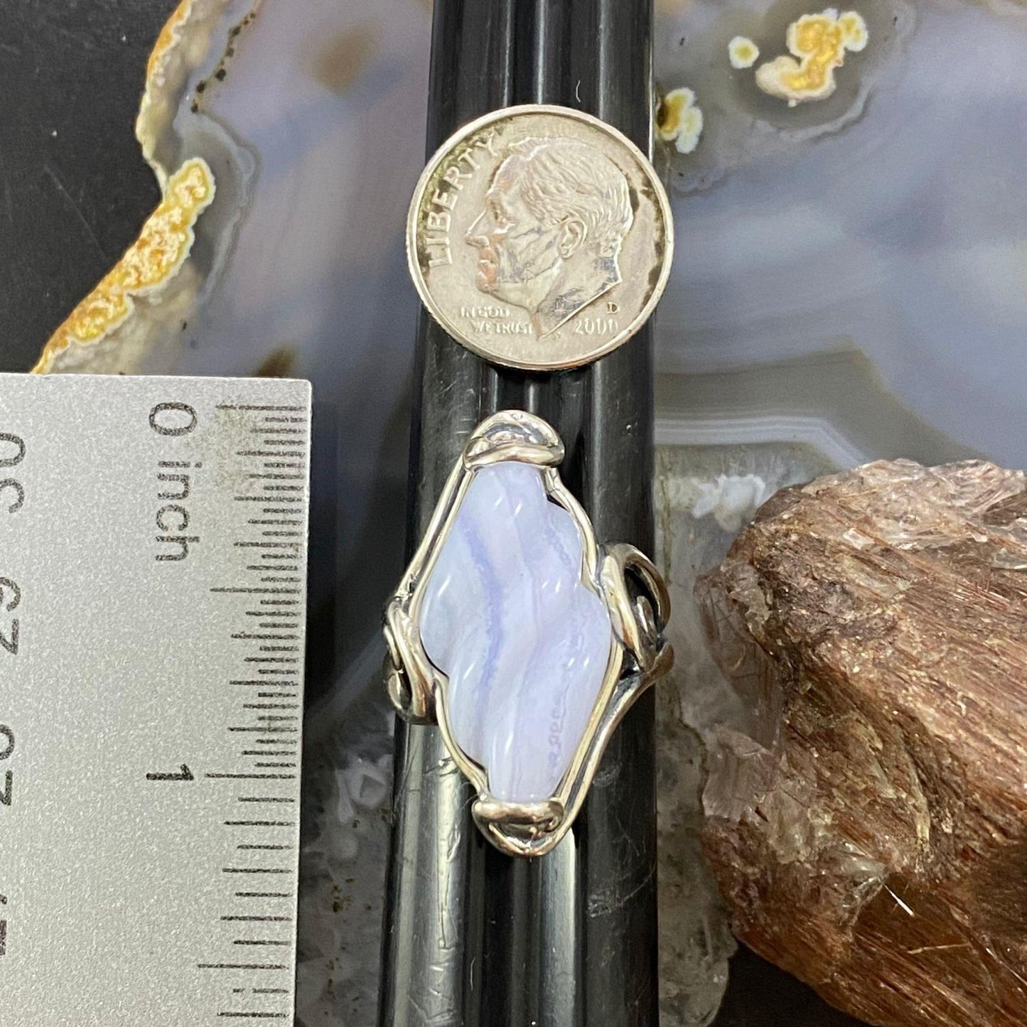 Carolyn Pollack Southwestern Style Sterling Silver Spiral Blue Lace Agate Decorated Ring For Women, Variety of Sizes