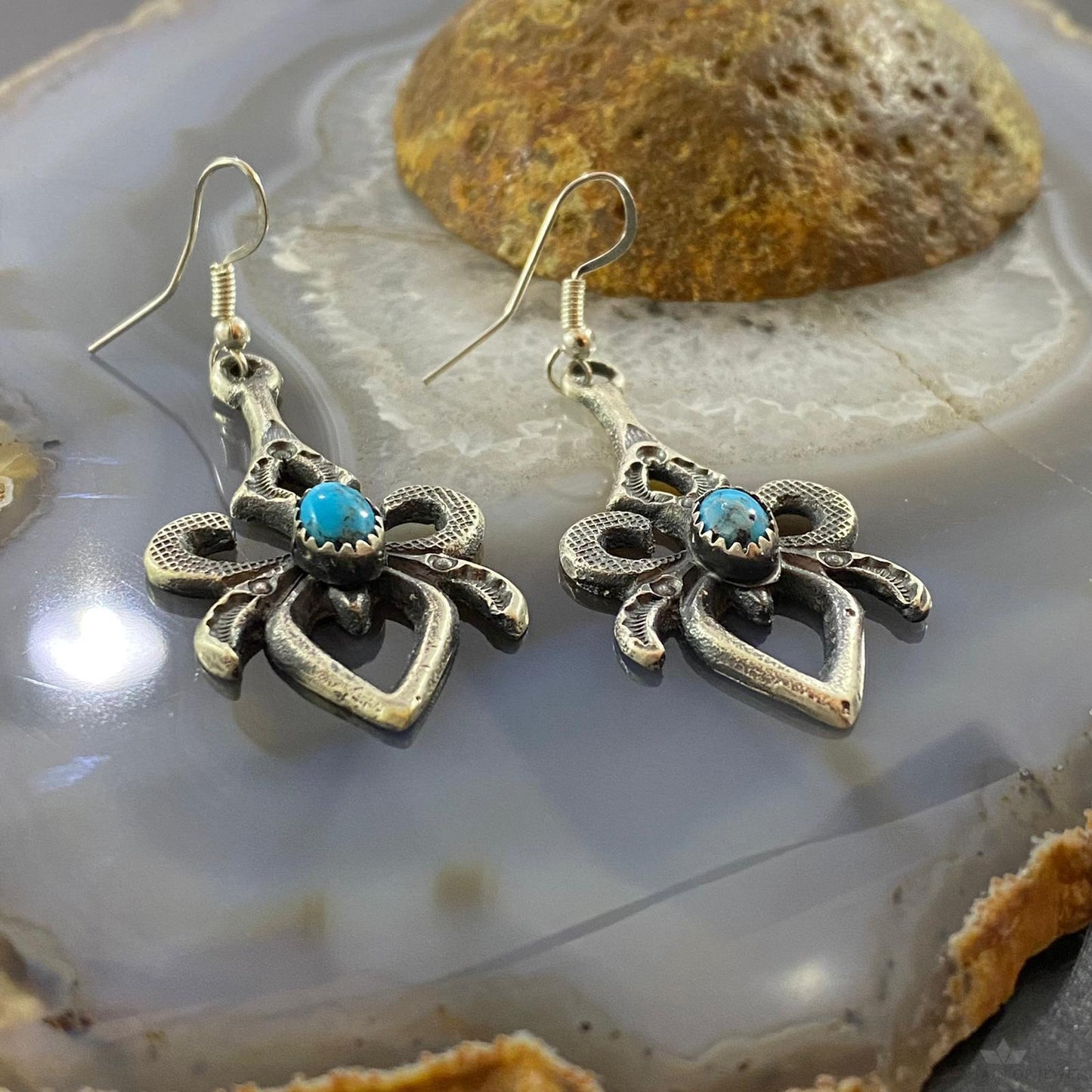 Kevin Billah Sterling Silver Stamped Sand Cast w/Kingman Turquoise Dangle Earrings