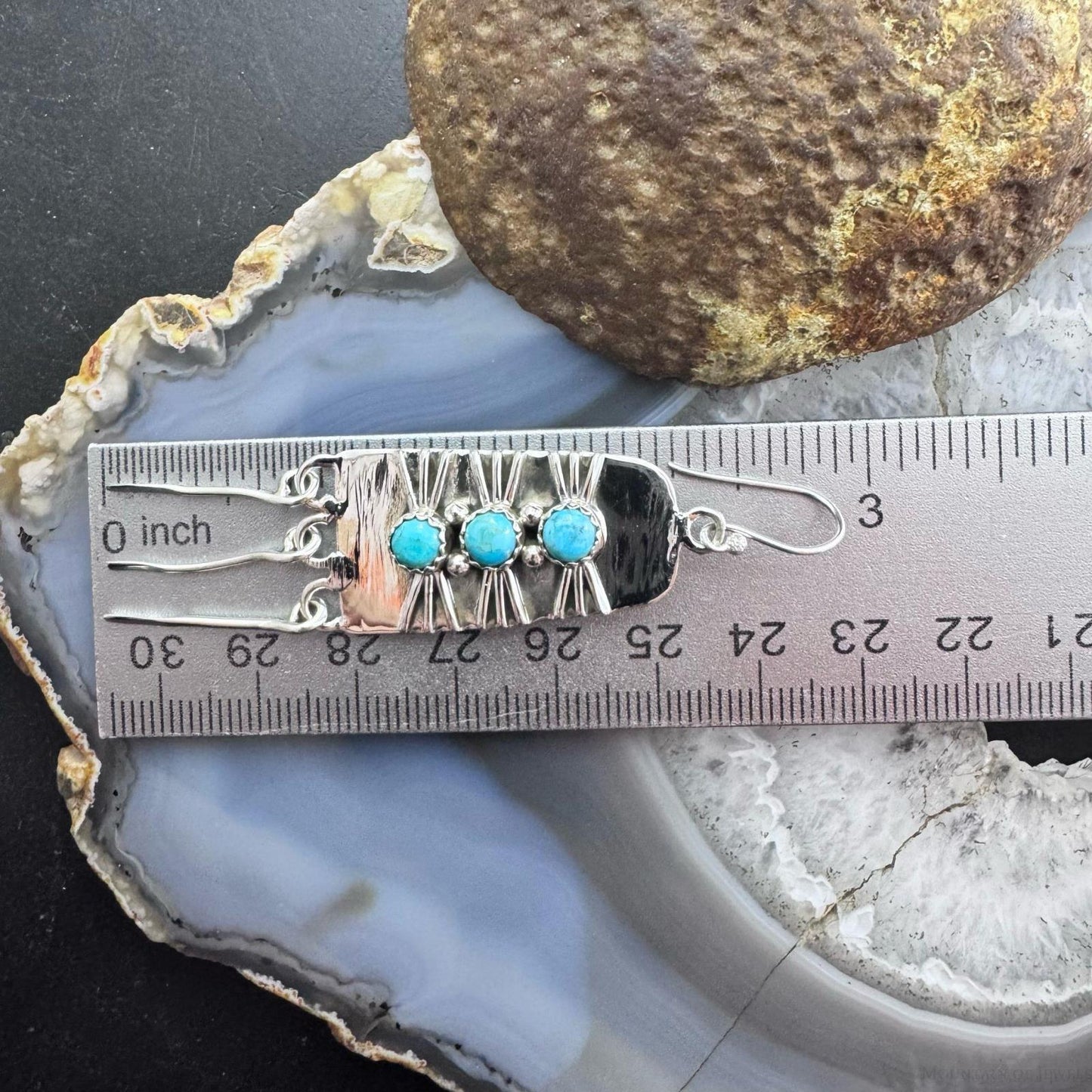 Sterling Silver Southwestern Style 3 Rounded Turquoise Tassel Dangle Earrings For Women