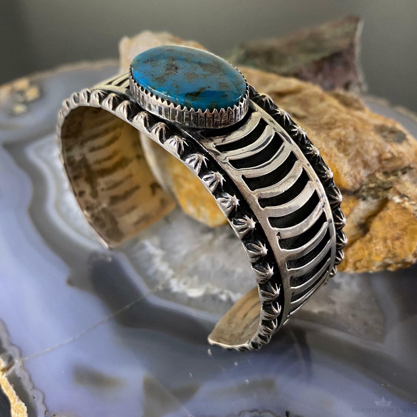 Lorenzo James Sterling Silver Overlay Stripes & Oval Turquoise Unisex Bracelet