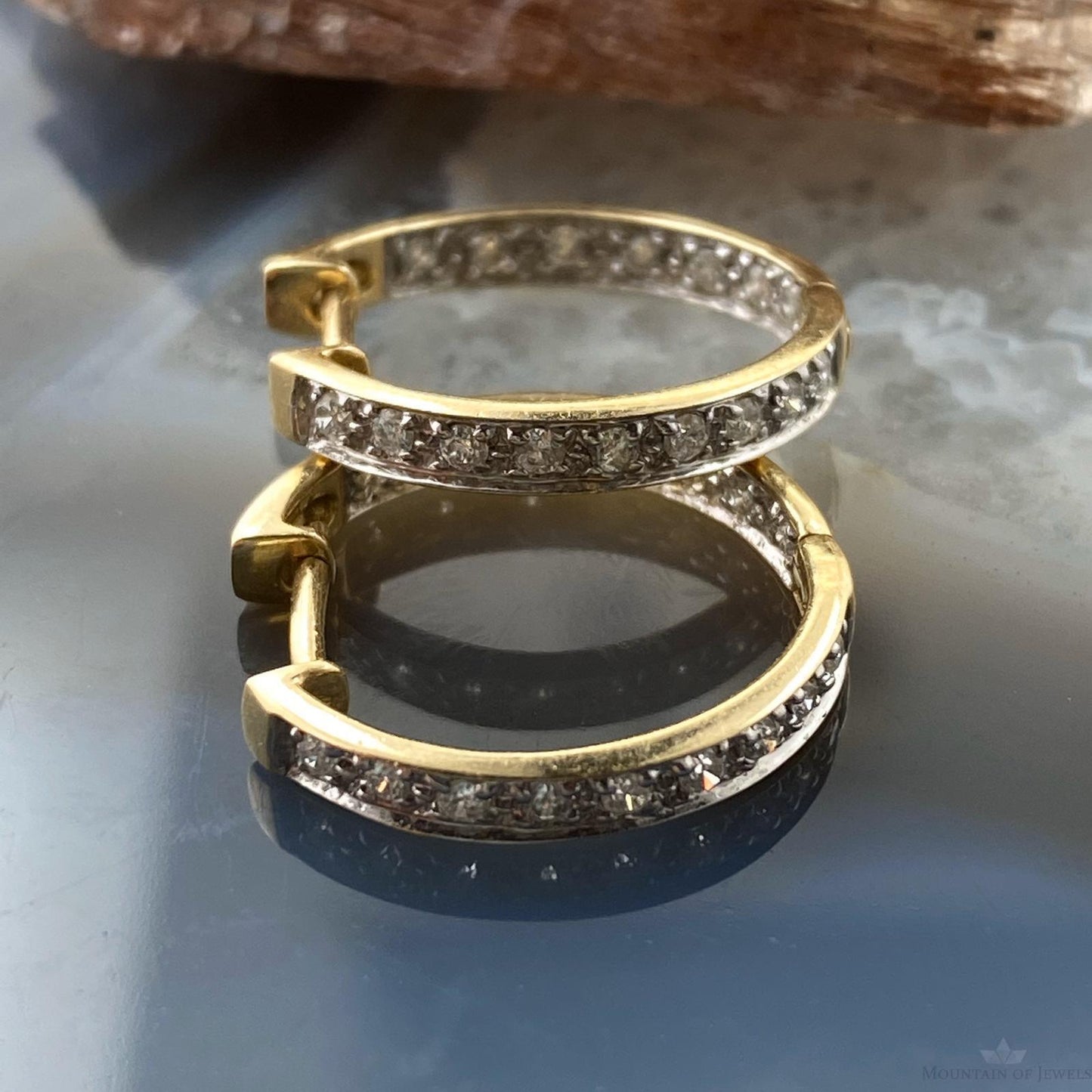14K Two Tone Gold Diamonds Hugs Hoop Earrings For Women