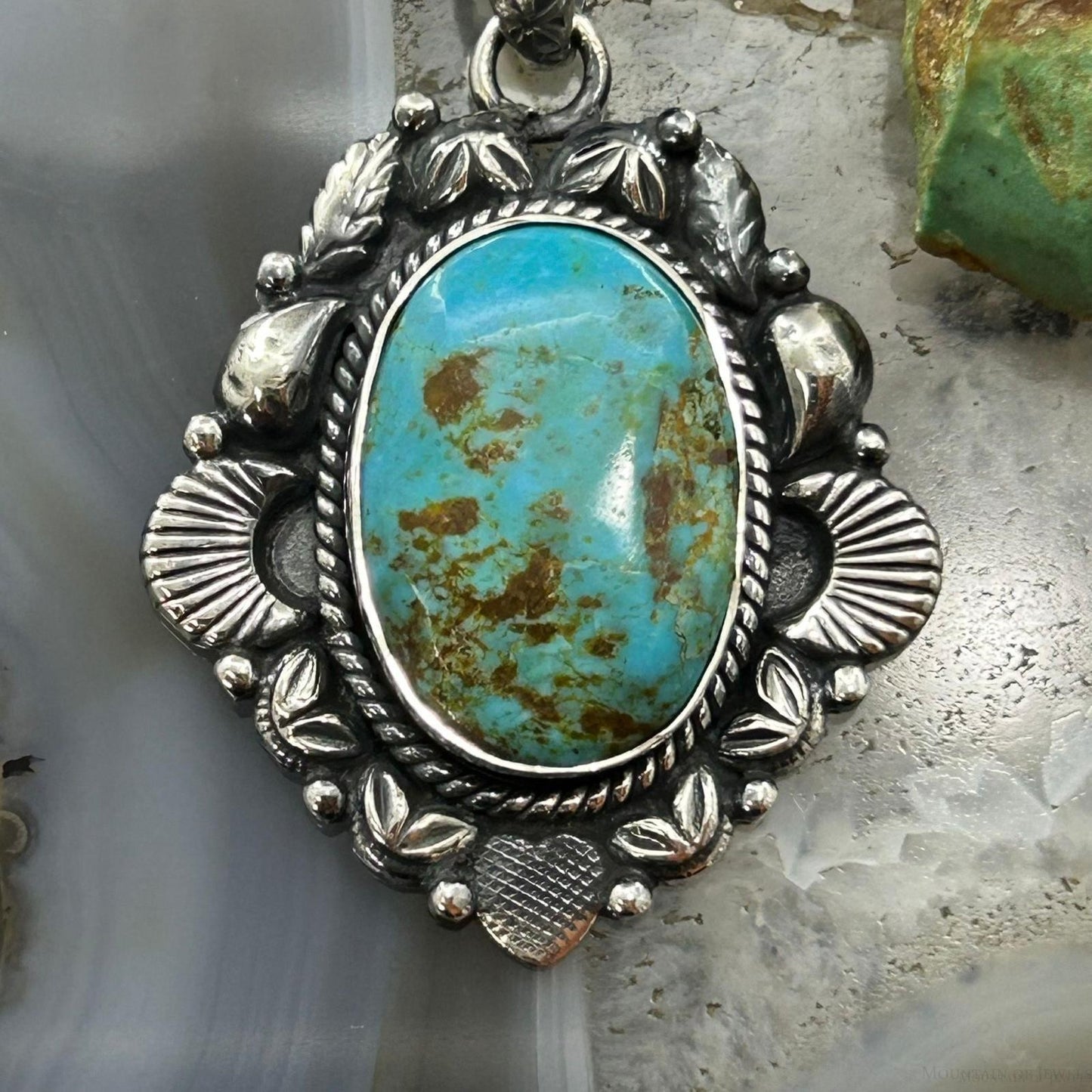 Sterling Silver Southwestern Style Oval Turquoise Decorated Pendant For Women #2