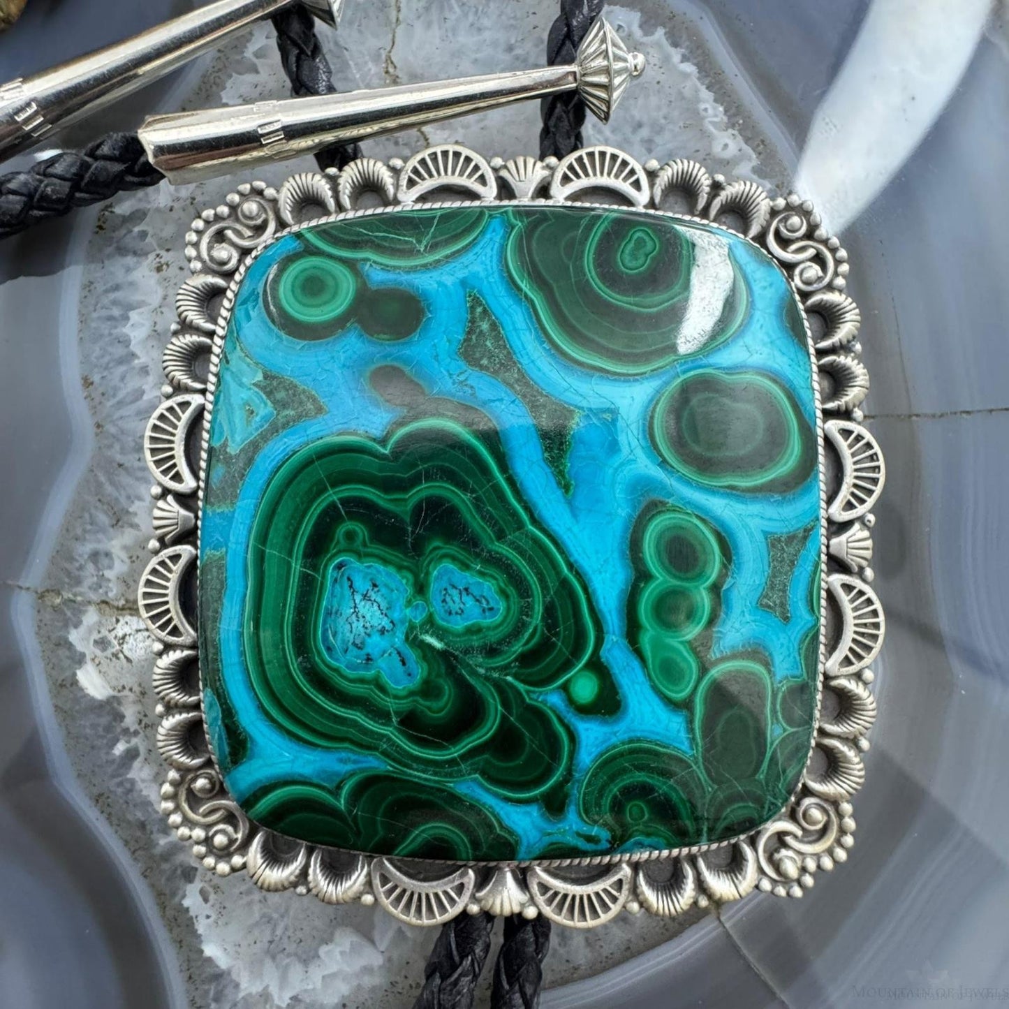 Sterling Silver Southwestern Style Square Azurite Malachite Bolo Tie For Men