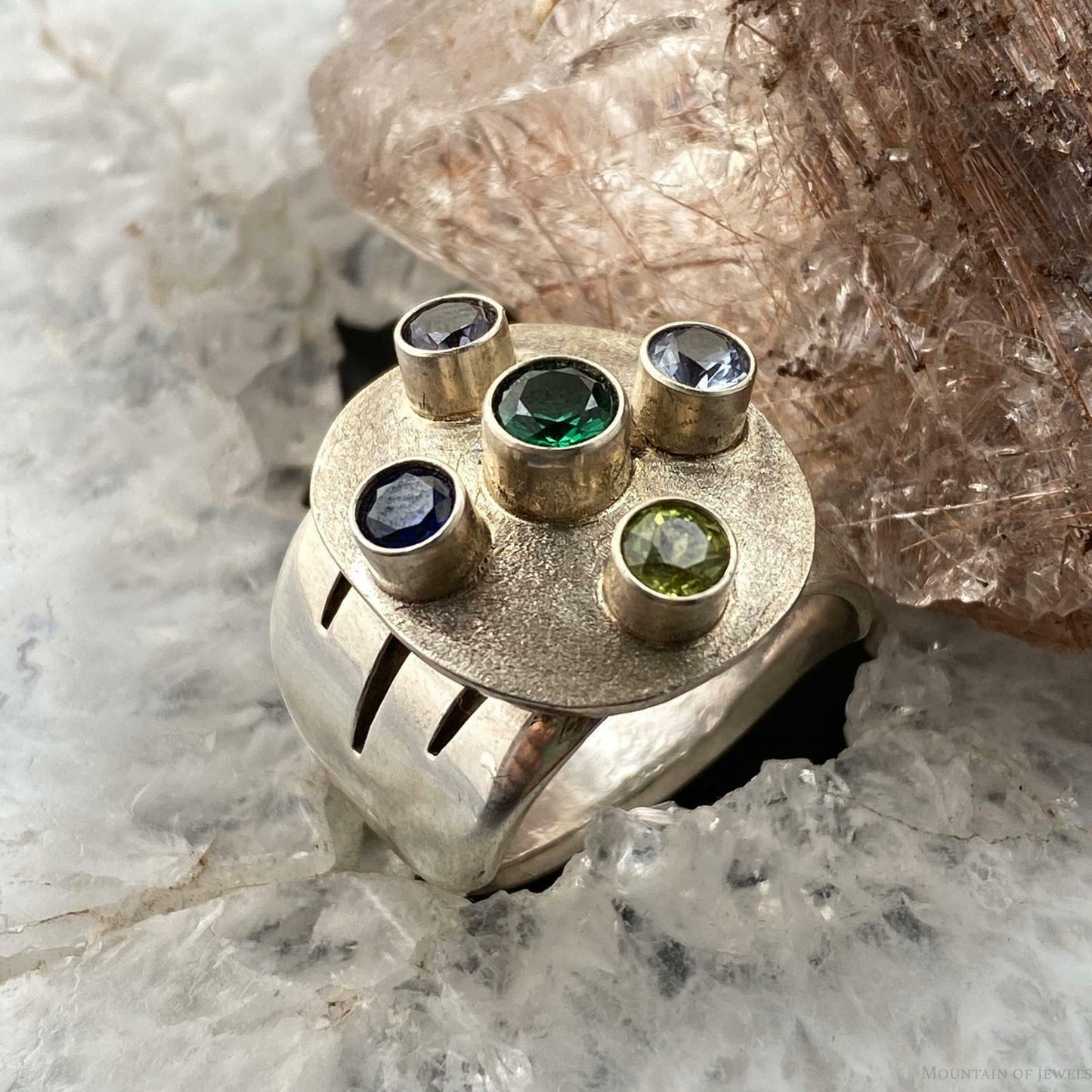 Sterling Silver Ring Size 7.5 with 5 Different Gems Wide Band Ring