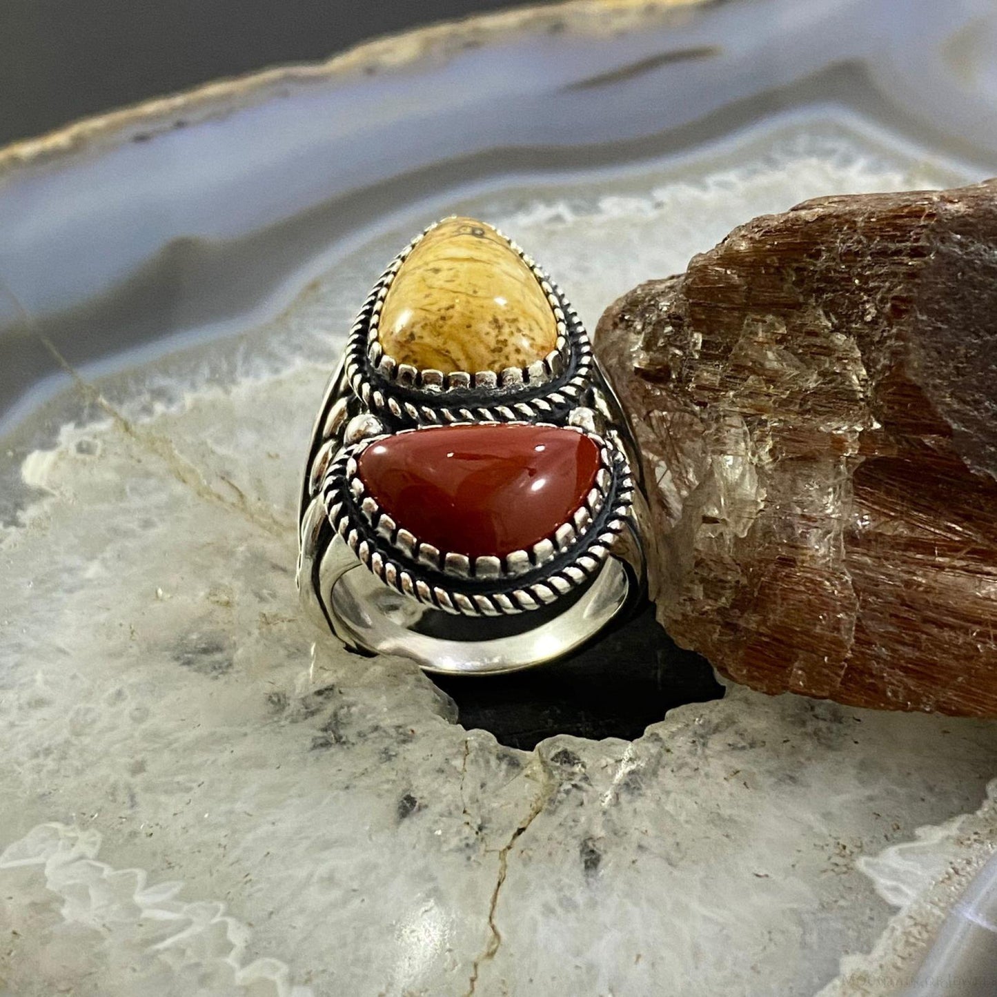 Carolyn Pollack Southwestern Style Sterling Silver Picture Jasper & Red Jasper Decorated Ring For Women