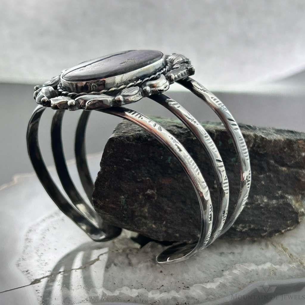 Sterling Silver Southwestern Style Large Oval Charoite Decorated Bracelet For Women