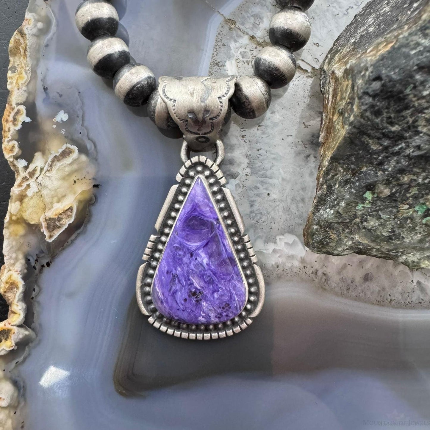 Native American Sterling Silver Triangle Charoite Decorated Pendant For Women