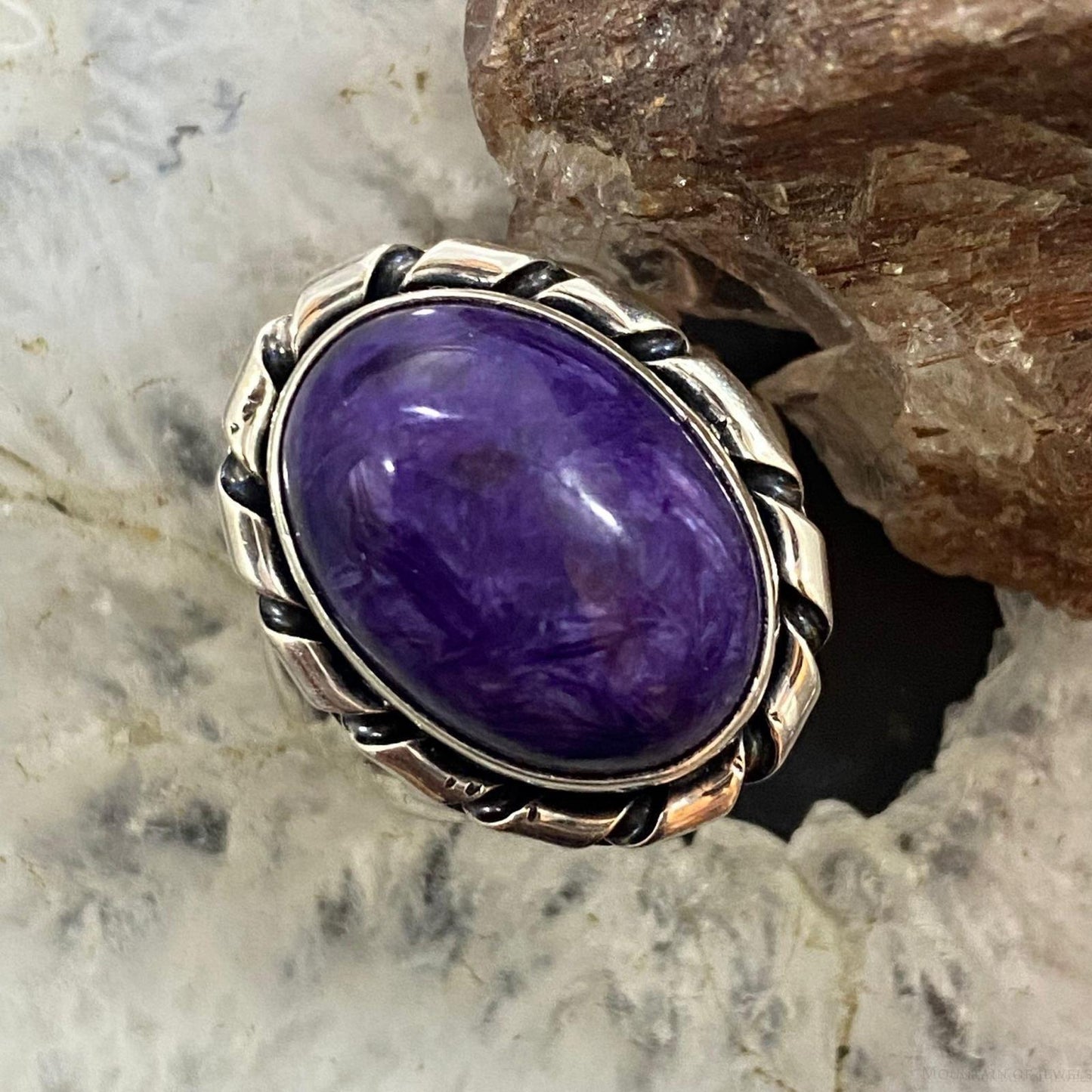 Native American Sterling Silver Oval Charoite Decorated Ring Size 8.5 For Women