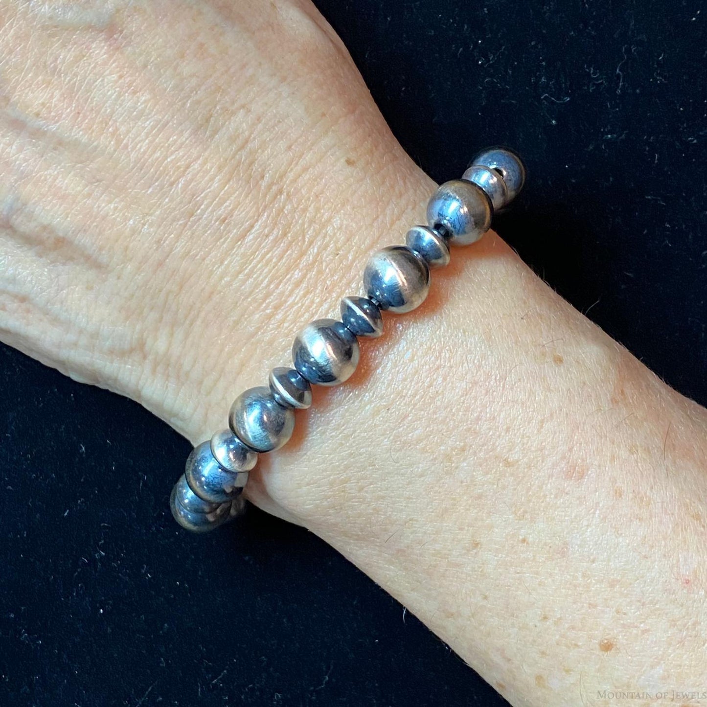 Navajo Pearl Beads and Saucers Alternate Beads Sterling 6"-7" Stretch Bangle