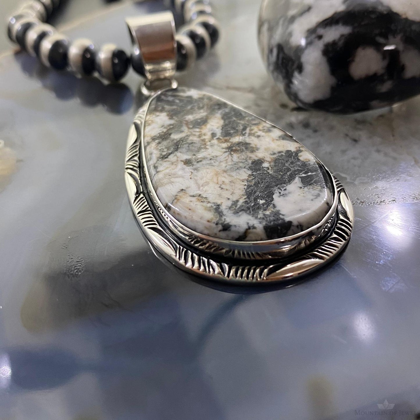 Native American Teardrop White Buffalo Sterling Silver Unisex Pendant